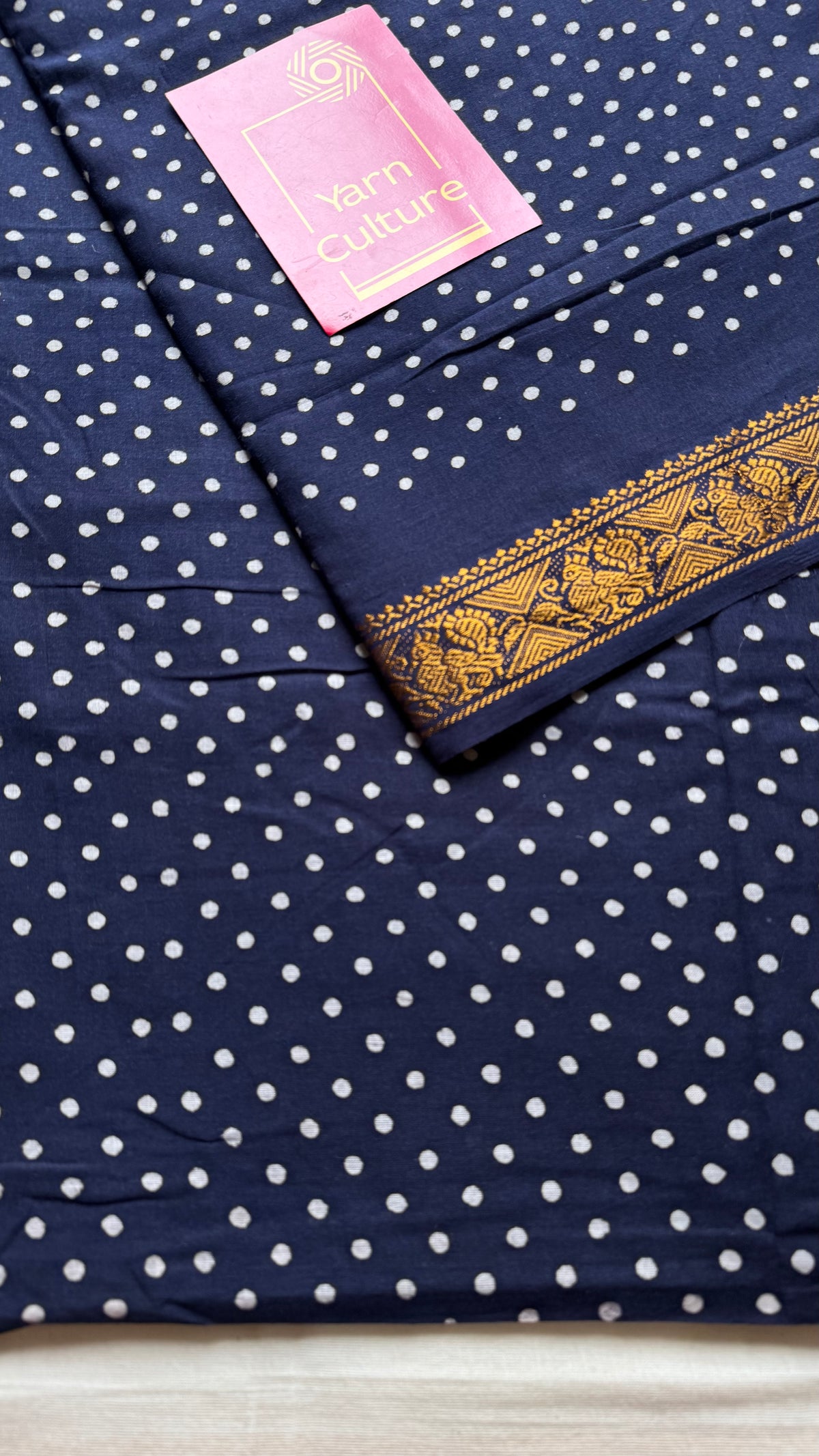 Dark blue sungudi dotted, single-side border, kattuchayam dyed madurai cotton saree - YCCOTNMSSE02