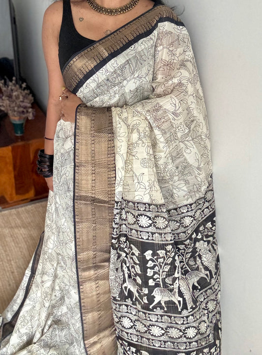 Off white and black, printed kalamkari, semi-tussar - YCWOTDSTK10