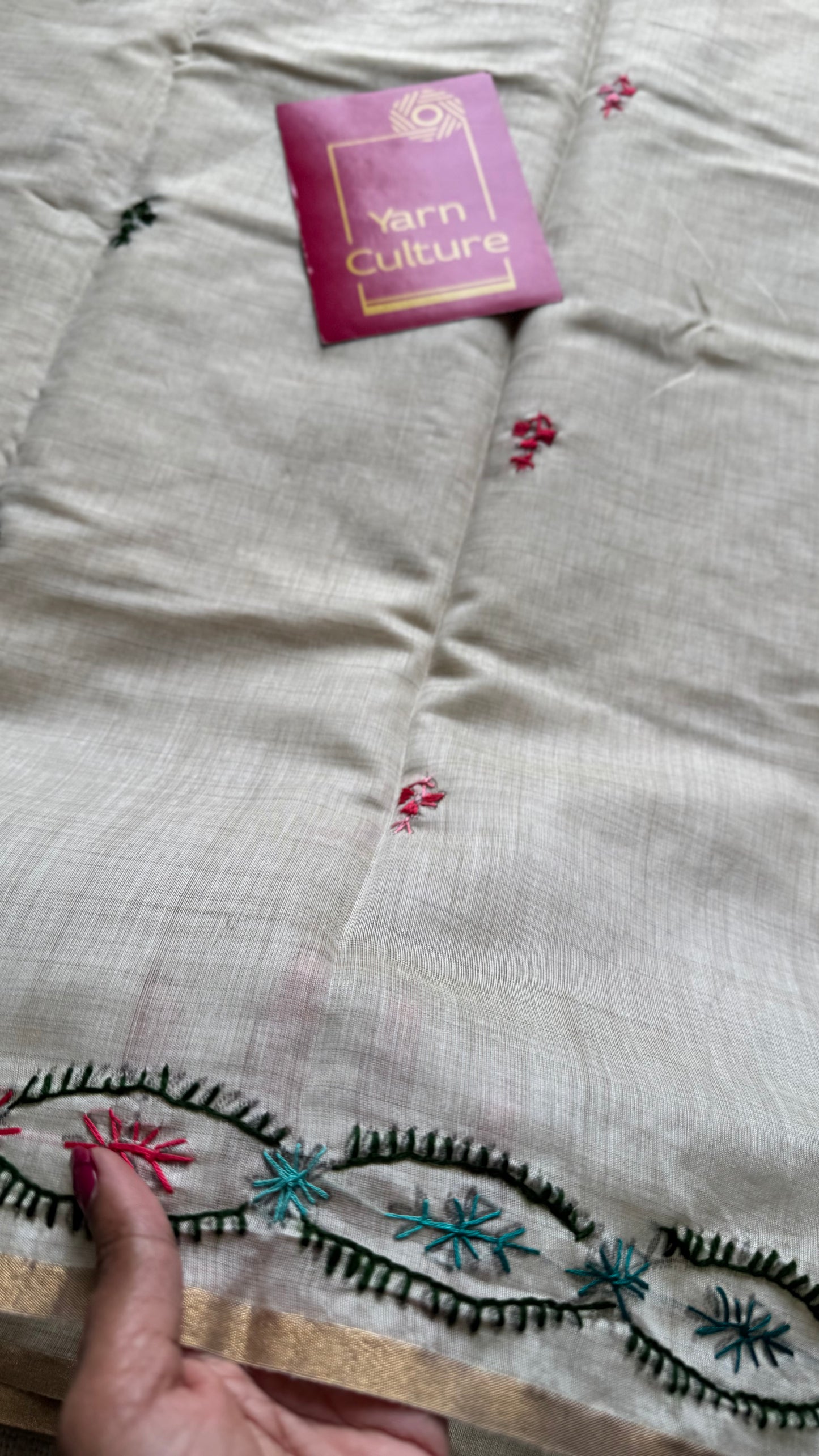 Ivory maheshwari cotton silk blend with pink and blue floral kantha threadwork - YCBLJULMK01