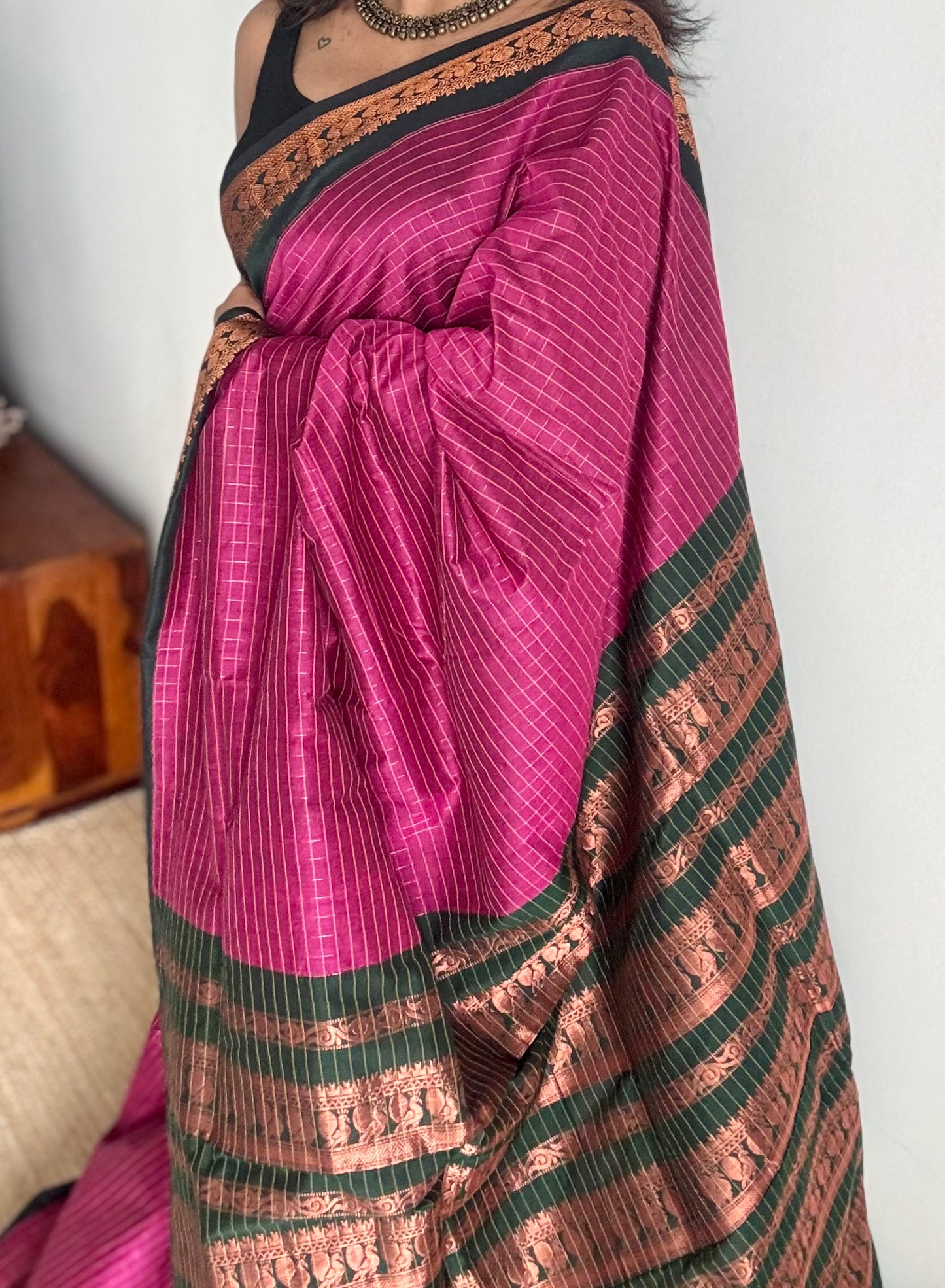 Dark pink with dark green, checks - cotton silk - YCCOTNOCKCS9