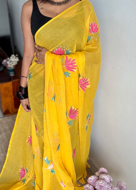 Yellow mul with lotus sequin embroidery - YCBCMCDE16