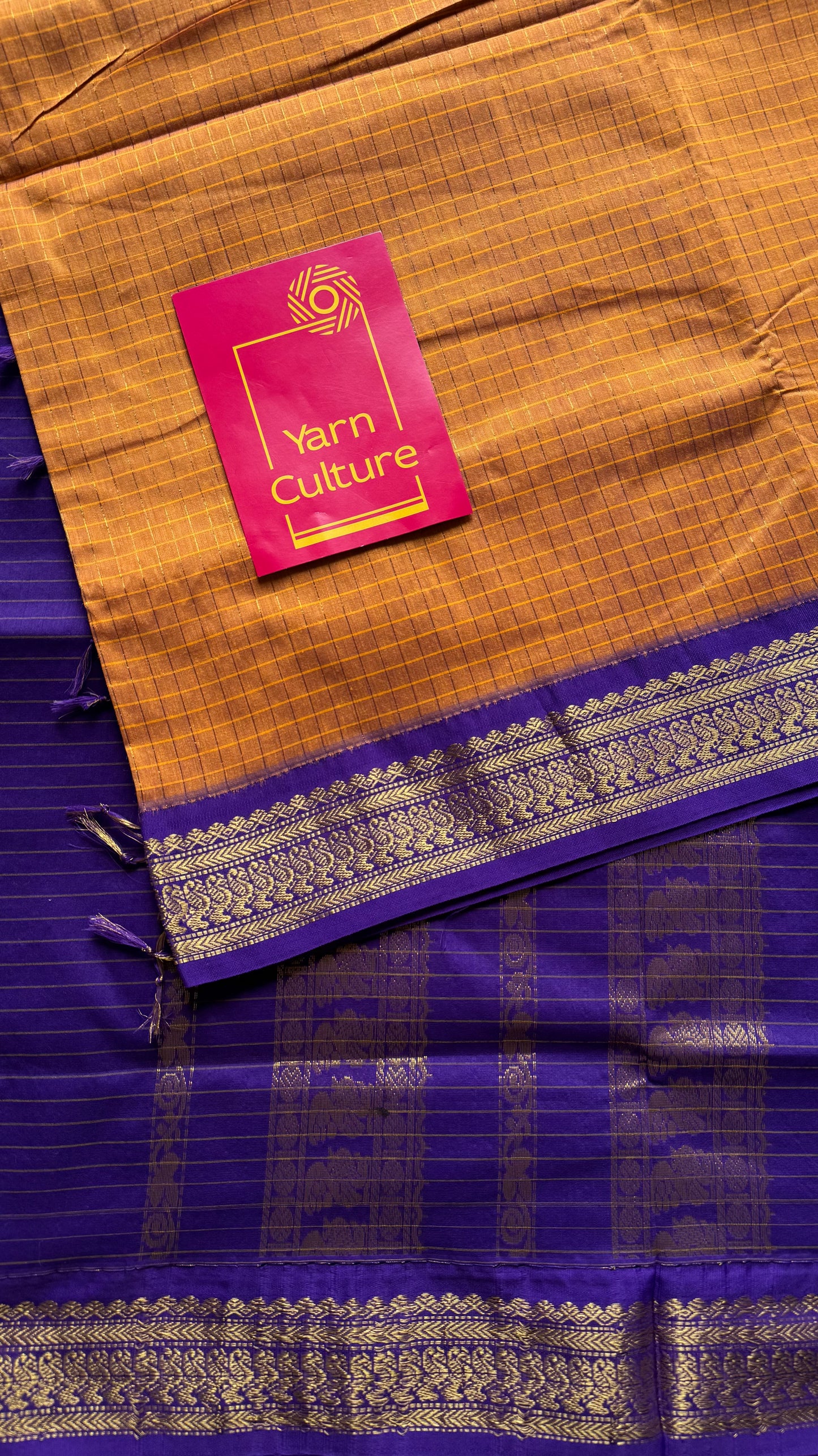 Yellowish orange with purple, checks - cotton silk - YCCOTNOCKC39