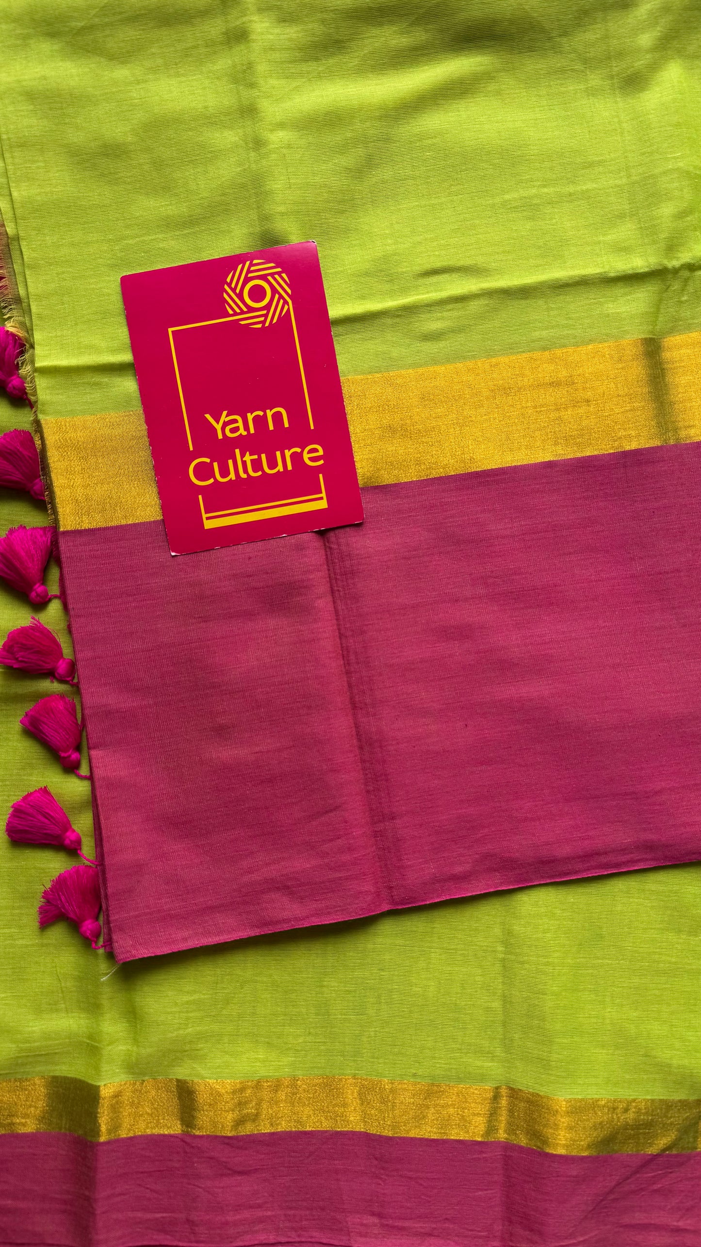 Lime green with contrast dark pink border, gold zari - YCBCMCLSE13
