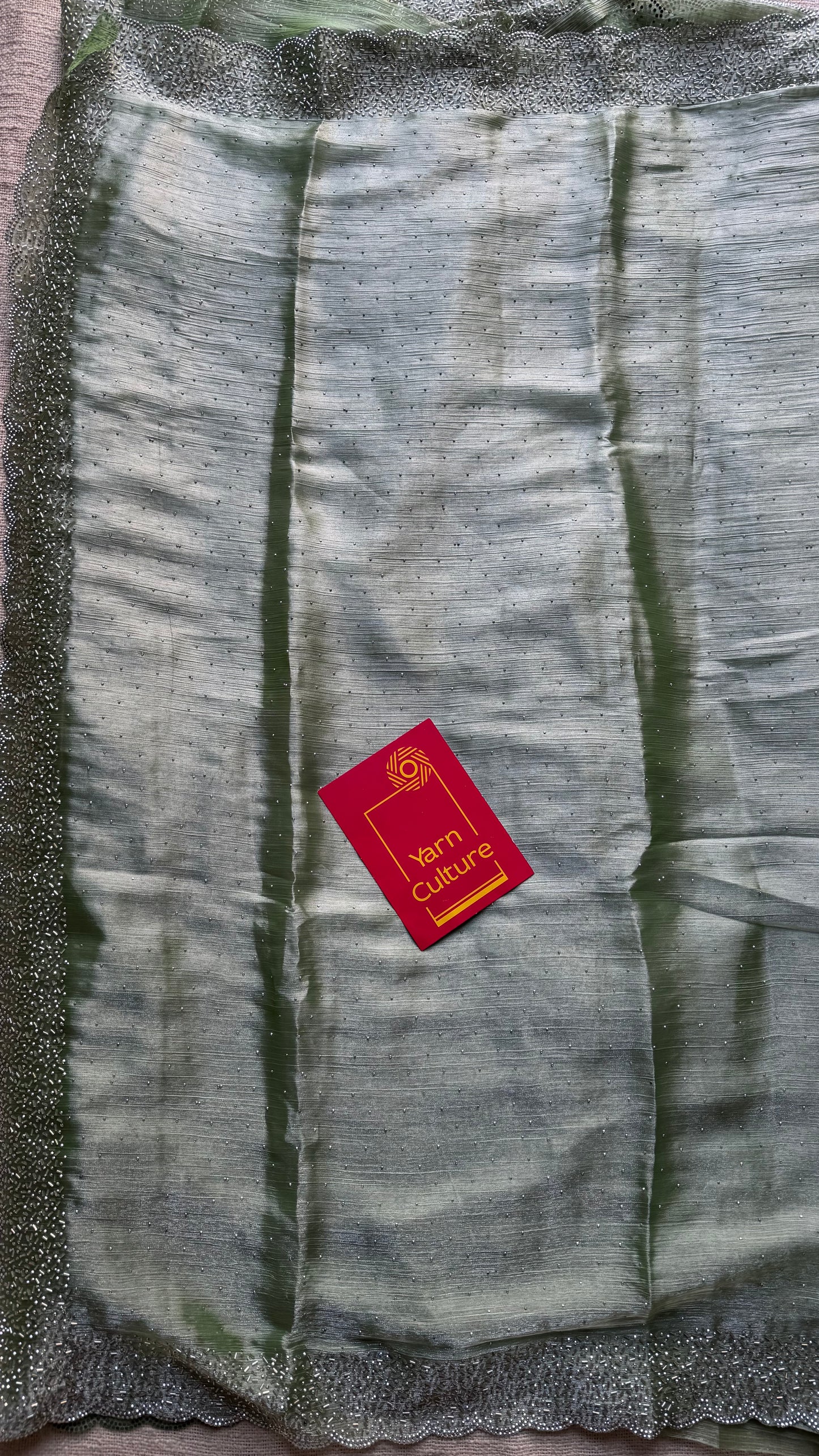 Minty Glimmer - pastel mint green dual tone space silk, jarkhan stone work - YCDOSNO38