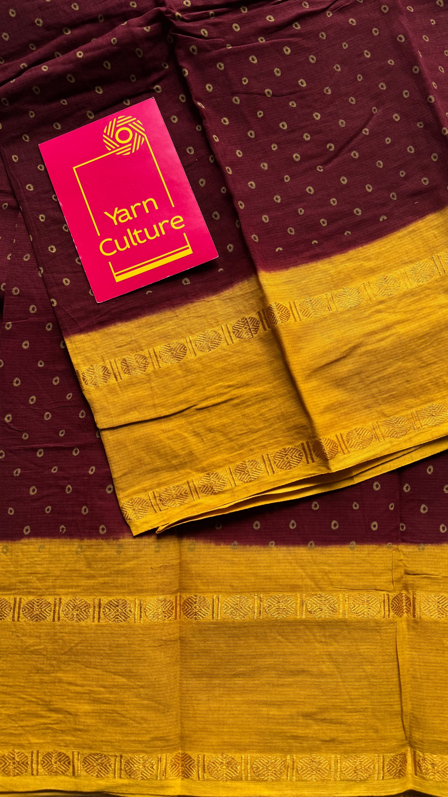 Maroon with yellow, sungudi motif and rudraksham border, madurai soft cotton - YCCOTNAUSC04