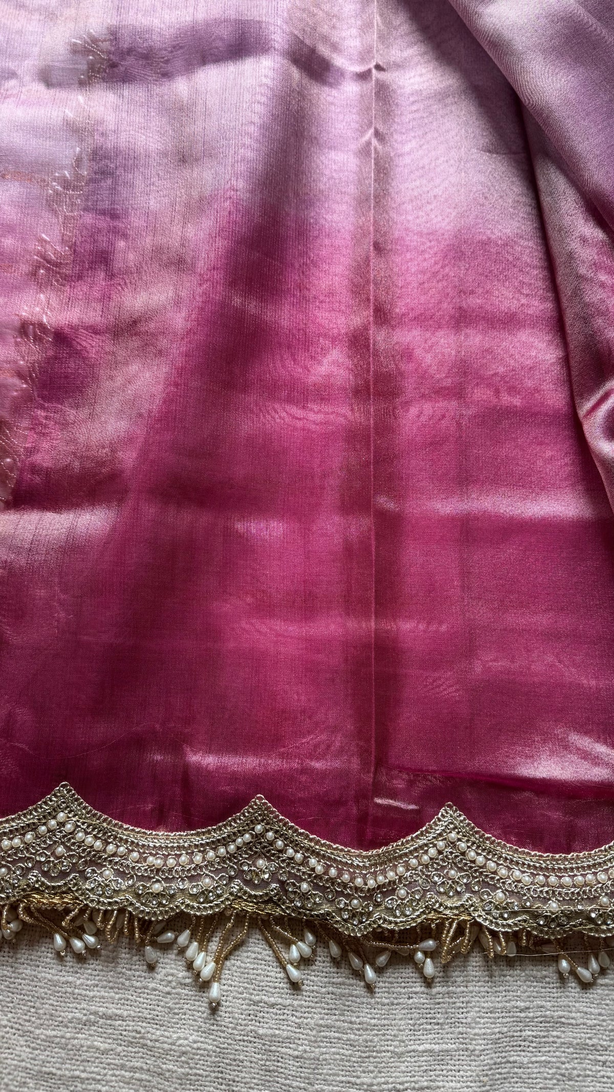 Pink and purple tissue Banarasi saree with embellished pearl lace border - YCBLTOC74
