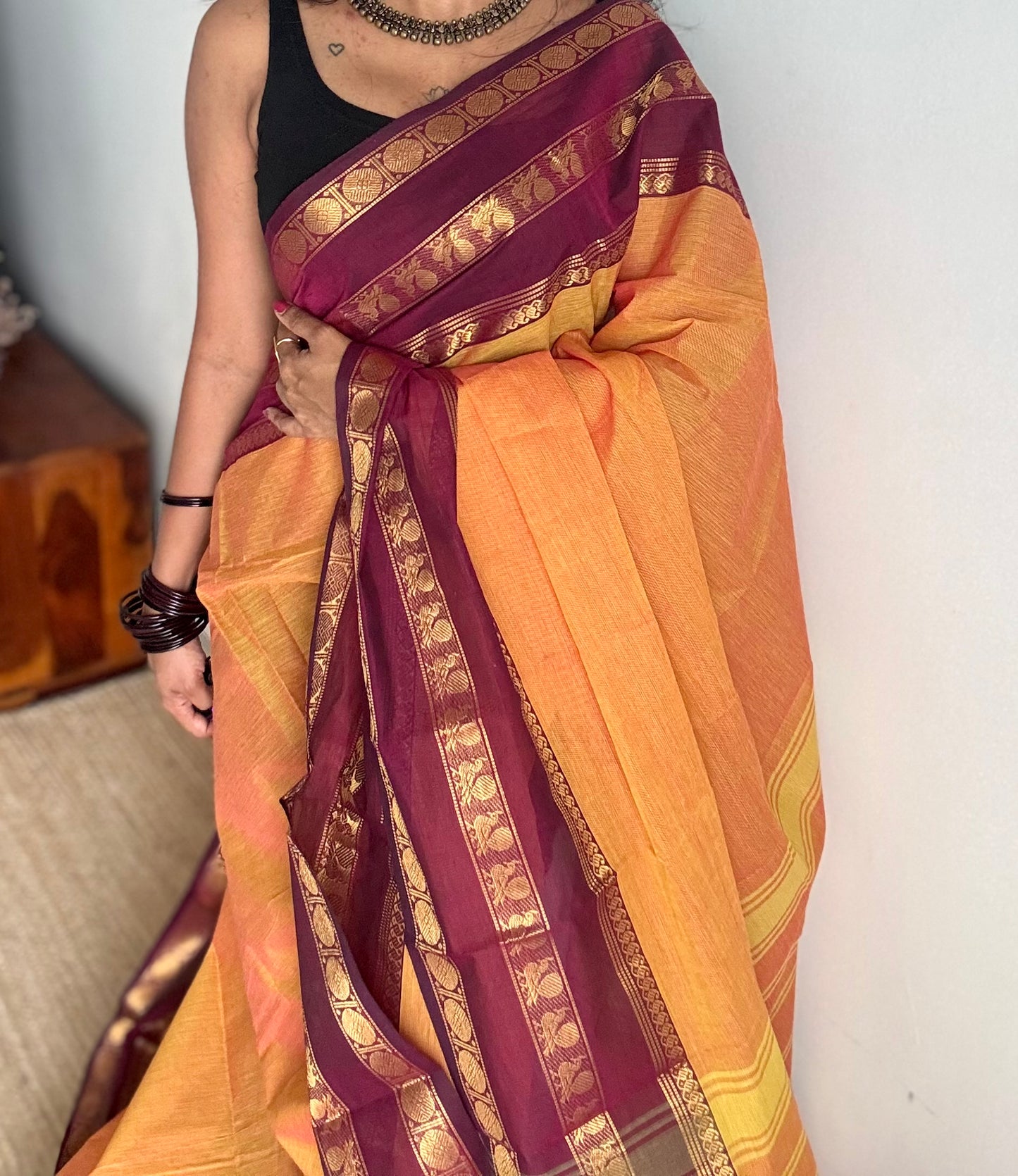 Light orange with maroon contrast border, chettinad cotton - YCCOTNOCCC02