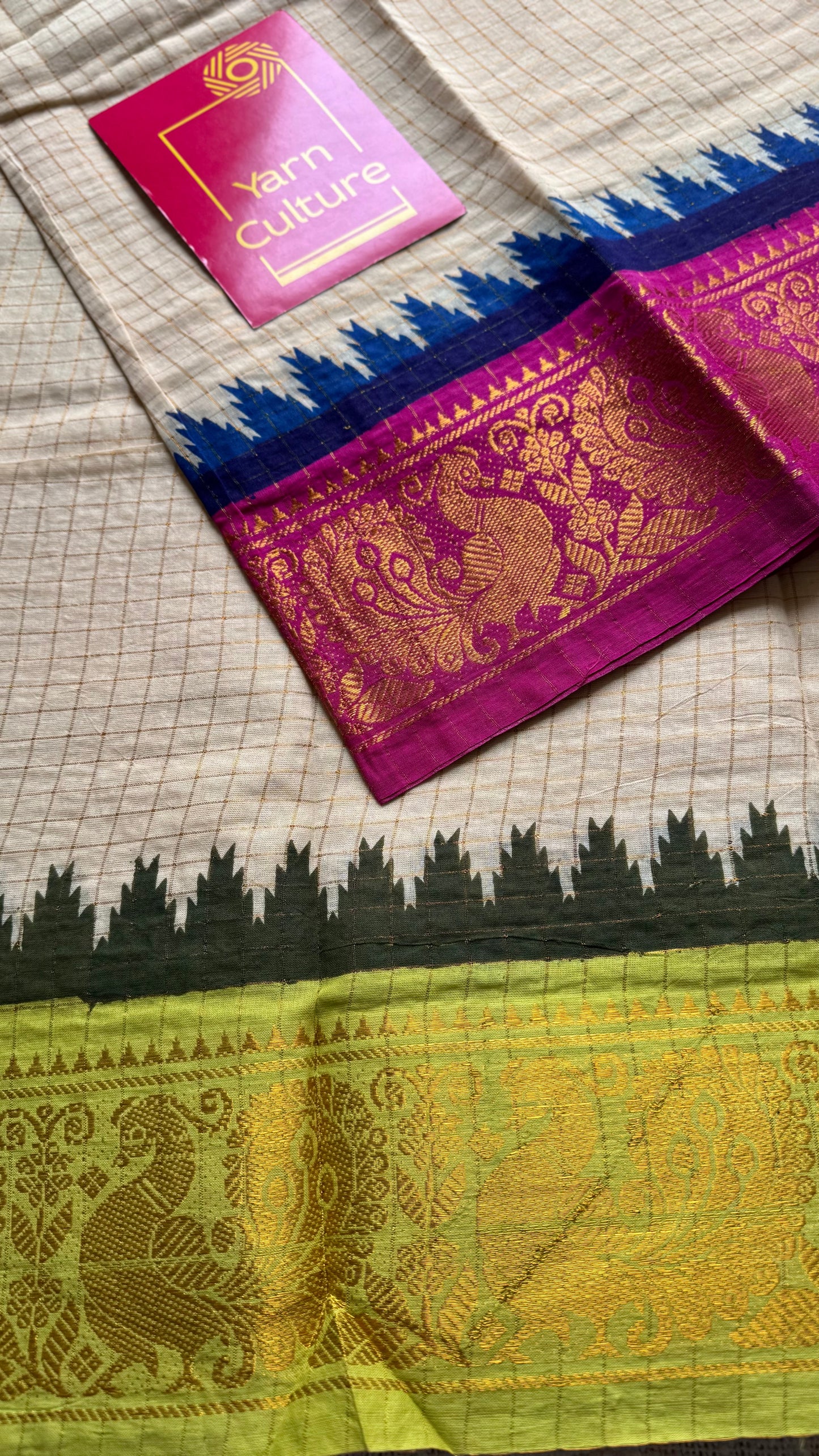 Magenta - bright green sungudi cotton checks, sandal colour base, soft cotton - YCCOTNJSUN07