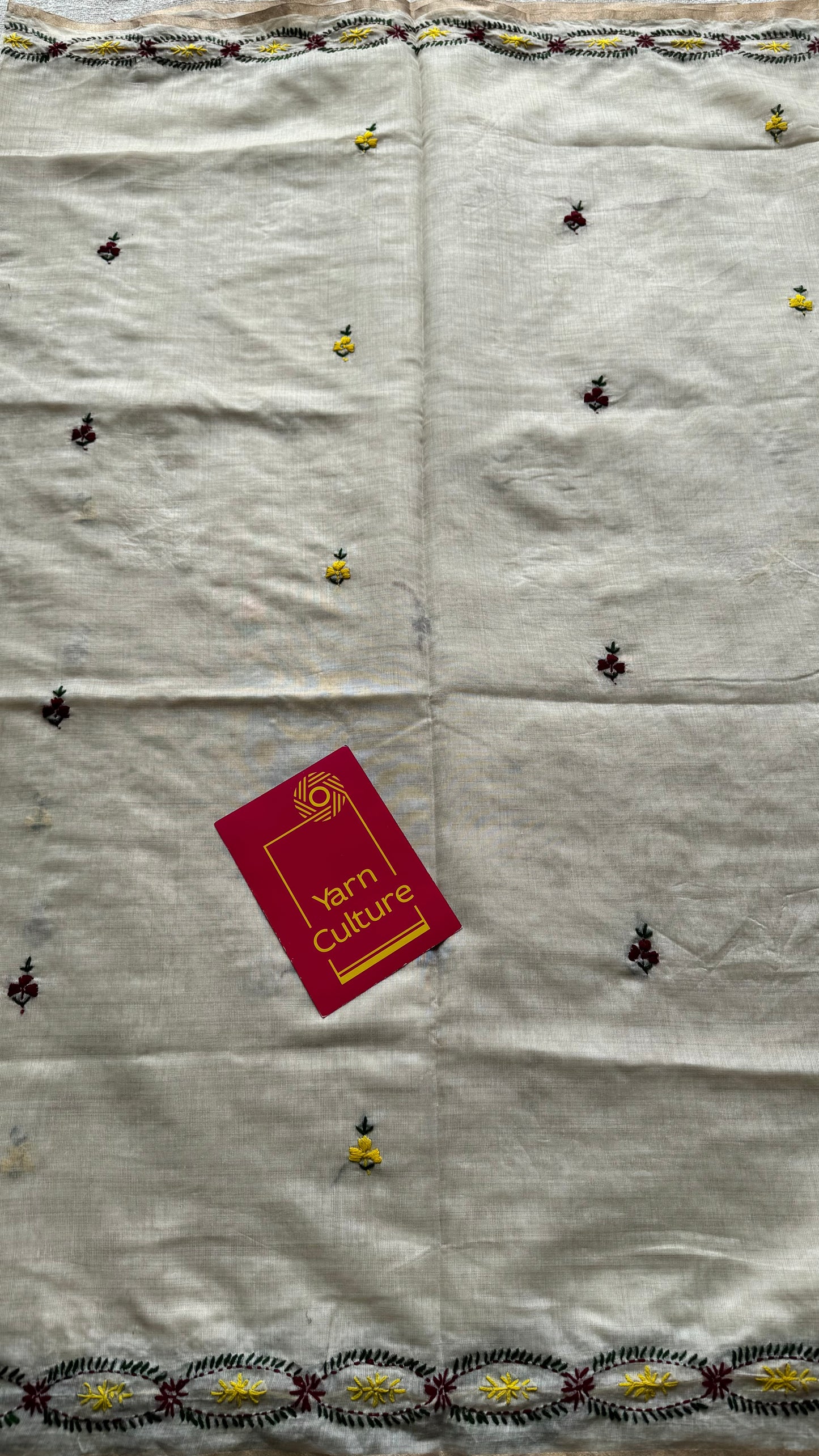 Ivory maheshwari cotton silk blend with yellow and maroon floral kantha threadwork - YCBLJULMK07