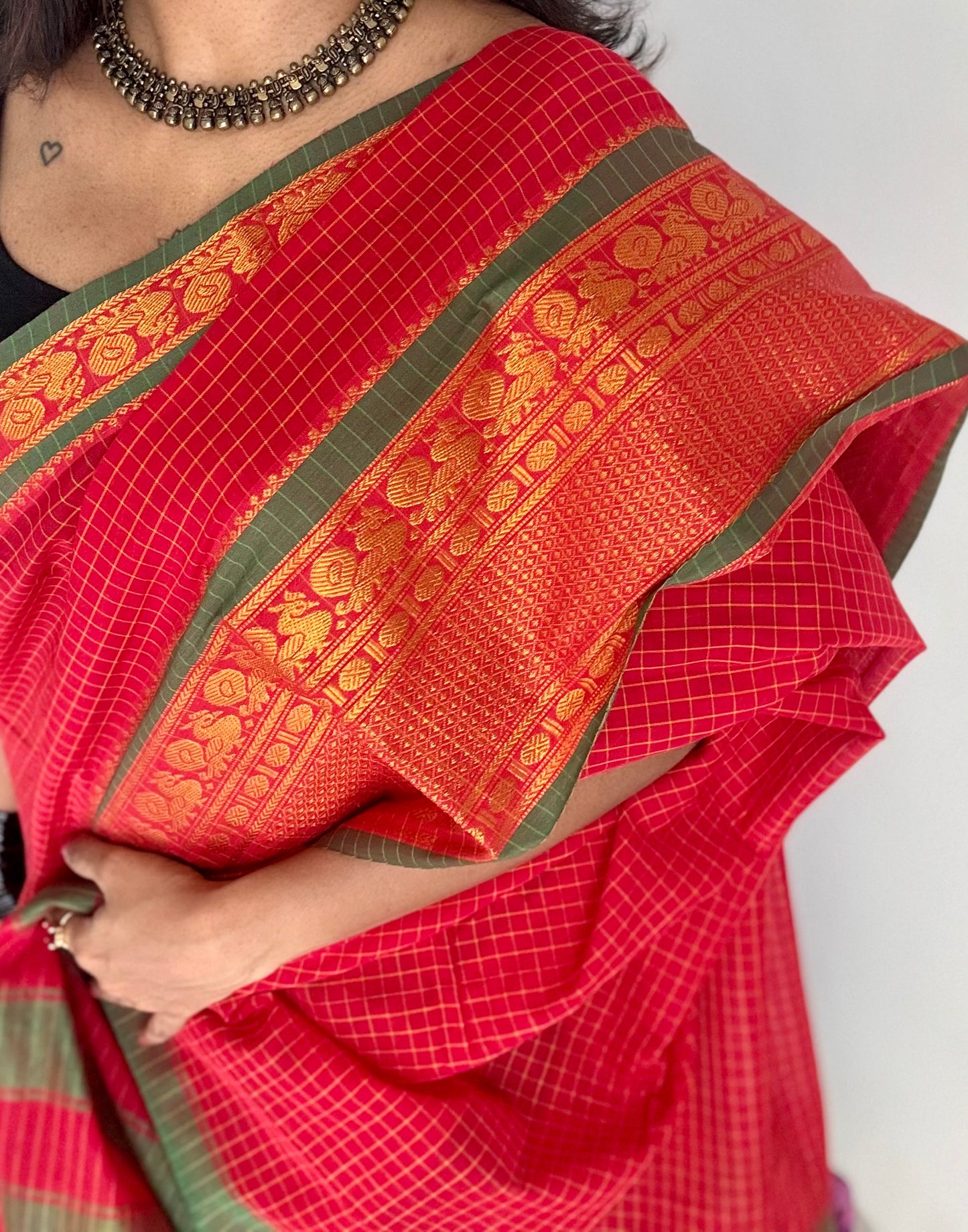 Red checks with zari border, premium narayanpet, soft cotton - YCWOTDFEBB11