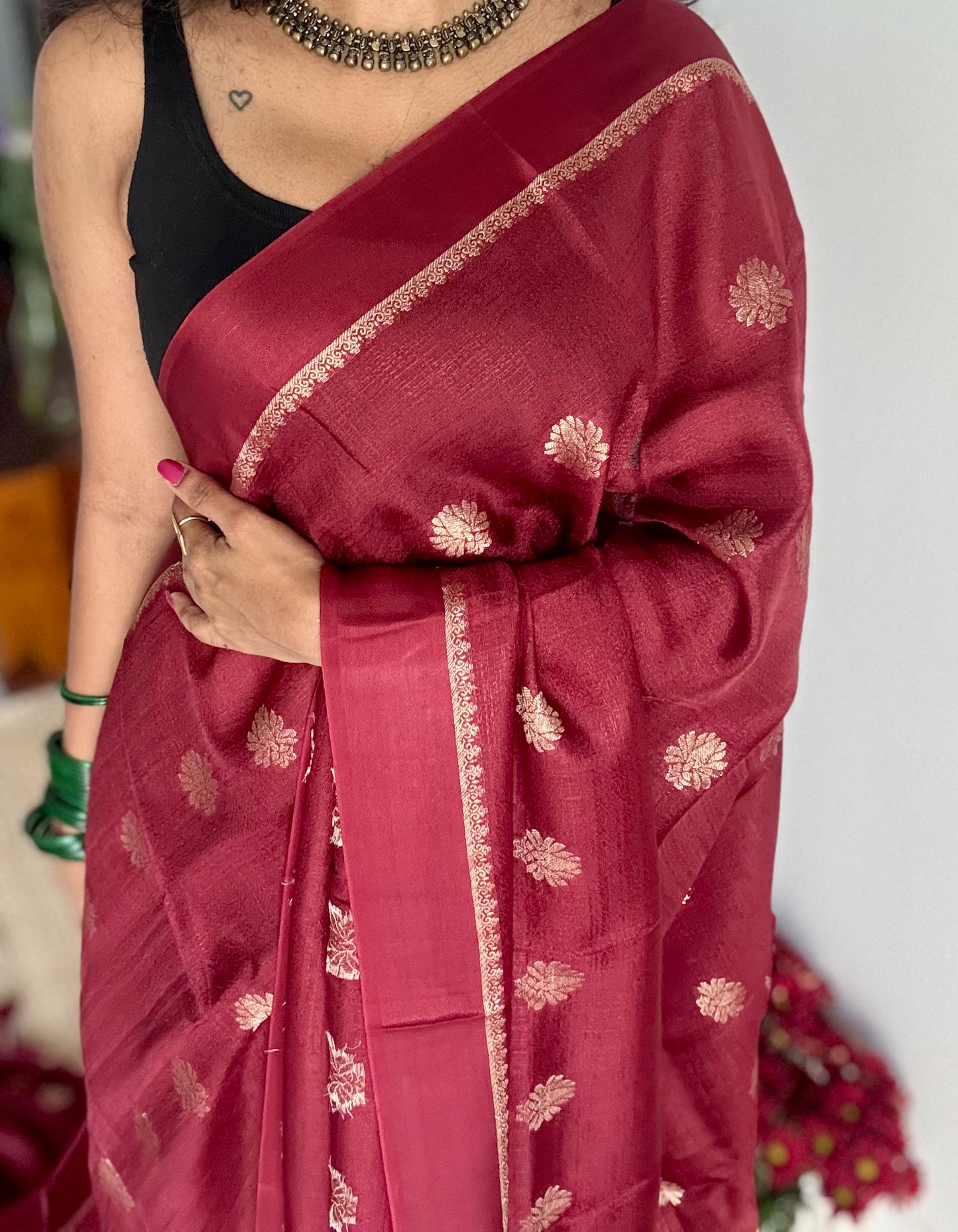 Deep maroon in khadi silk, zari motifs - YCDOSFE22