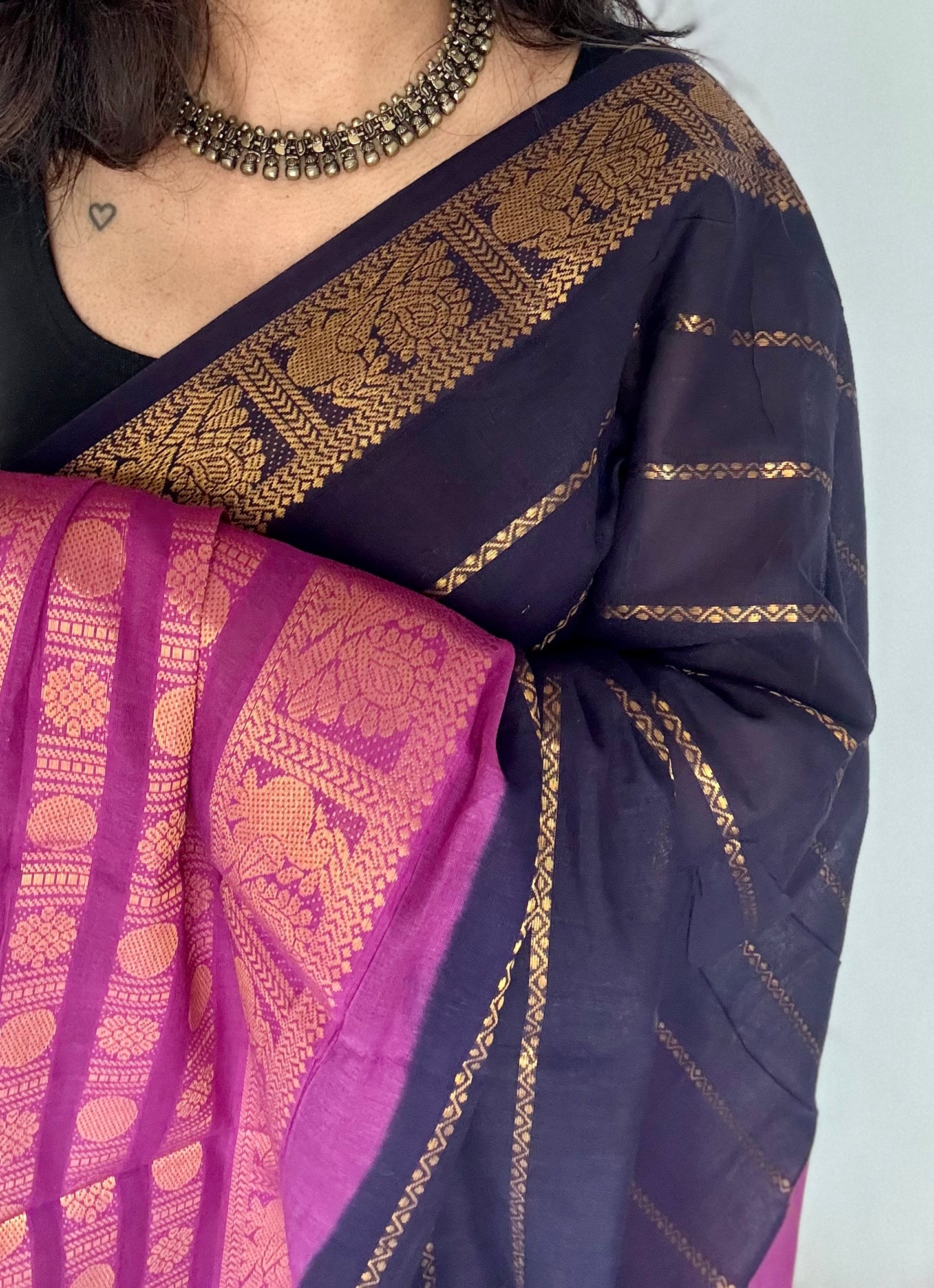 Dark blue with purple pink (vadamalli), peacock rudraksham motif, single side broad zari - madurai kattuchayam dyed - YCCOTNAURS18