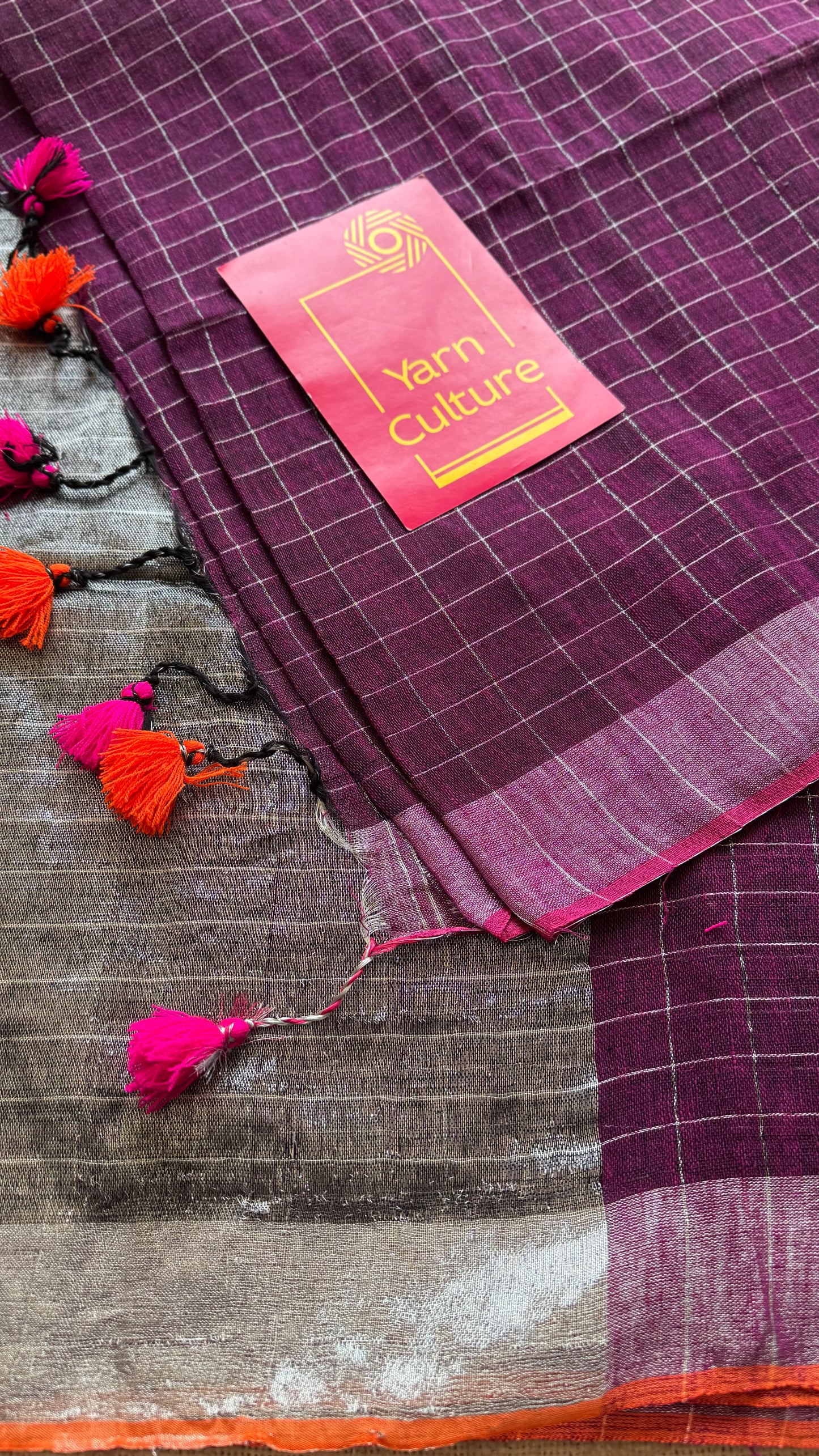 Wine linen by cotton saree, silver checks & zari pallu - YCBCLCFE391