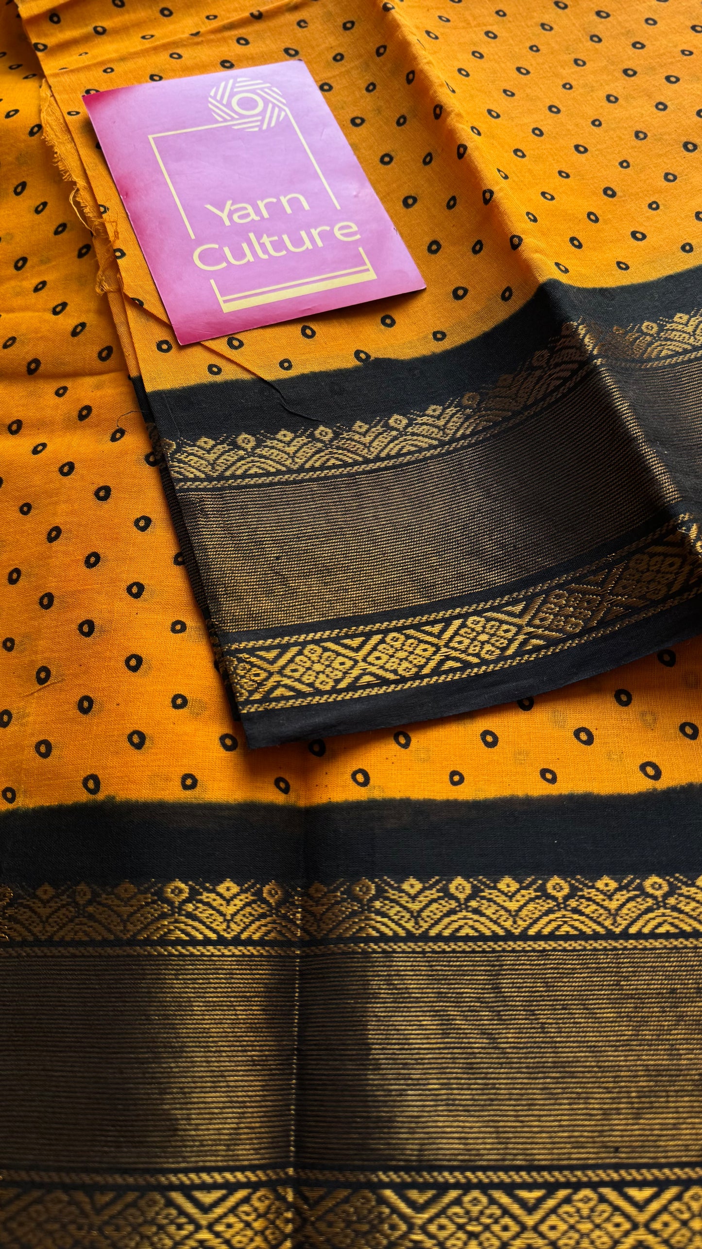 Yellow and black with antique gold zari border, kattuchayam dyed madurai cotton saree - YCCOTNMSFE93