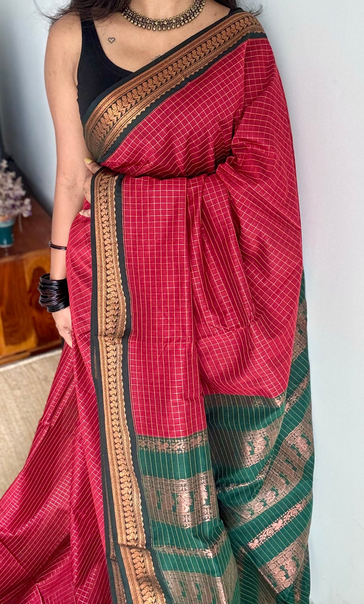 Red with dark green, checks - cotton silk - YCCOTNSEKCS10