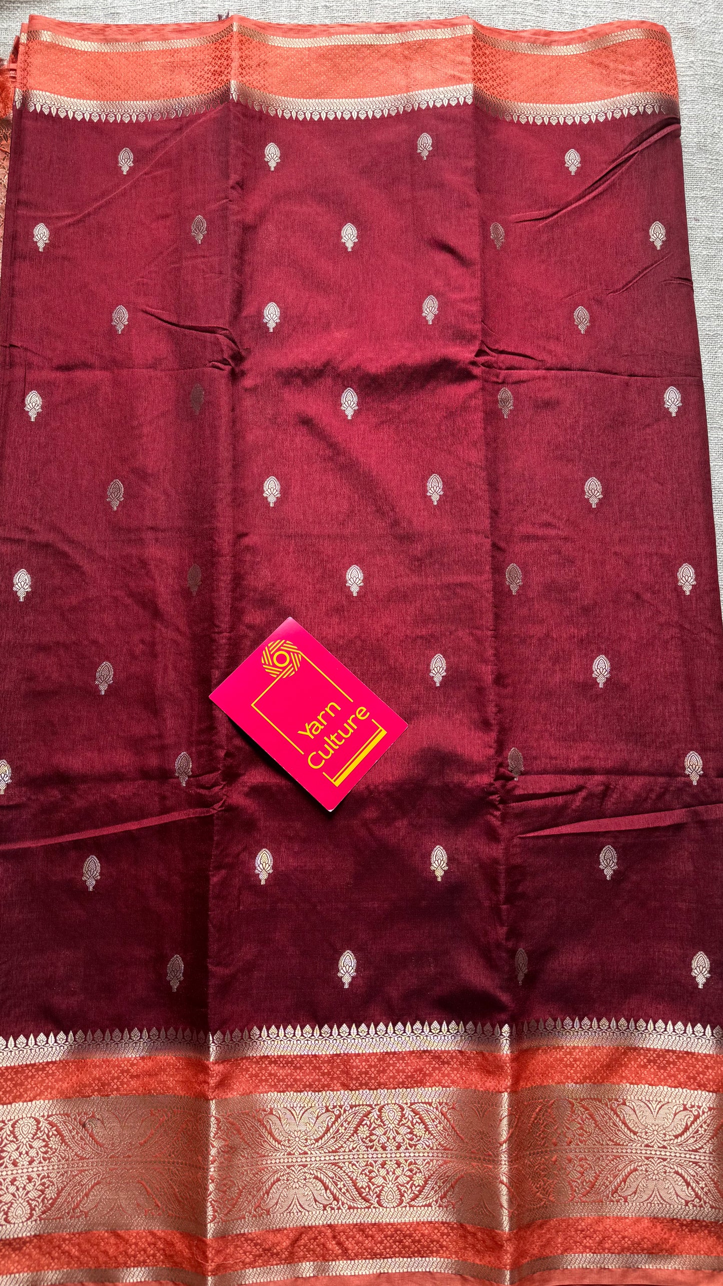 Maroon with peach border, Banarasi semi-silk - YCDESE02