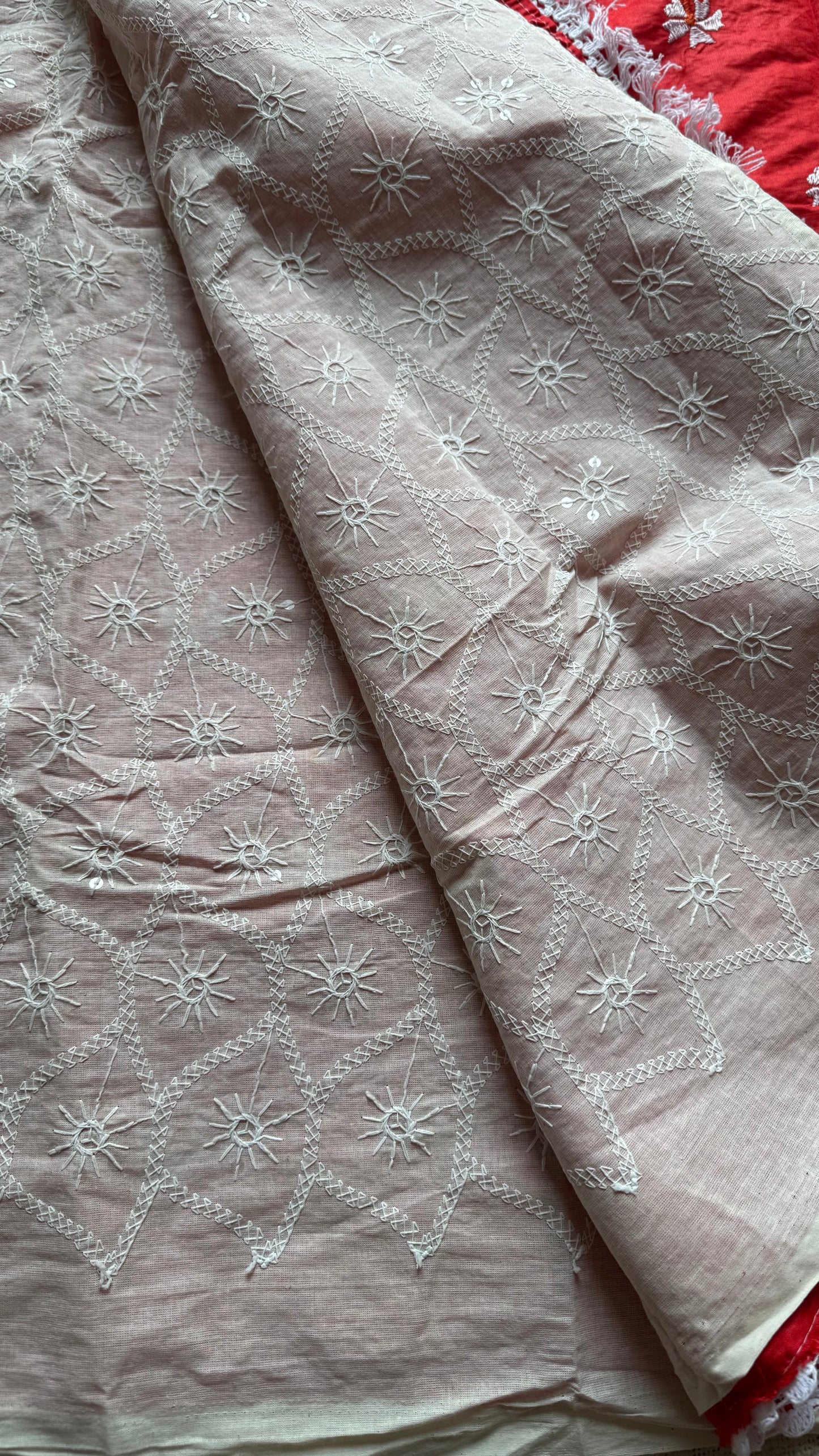 Red parijat with cream chikankari, half half saree - YCBCDP20
