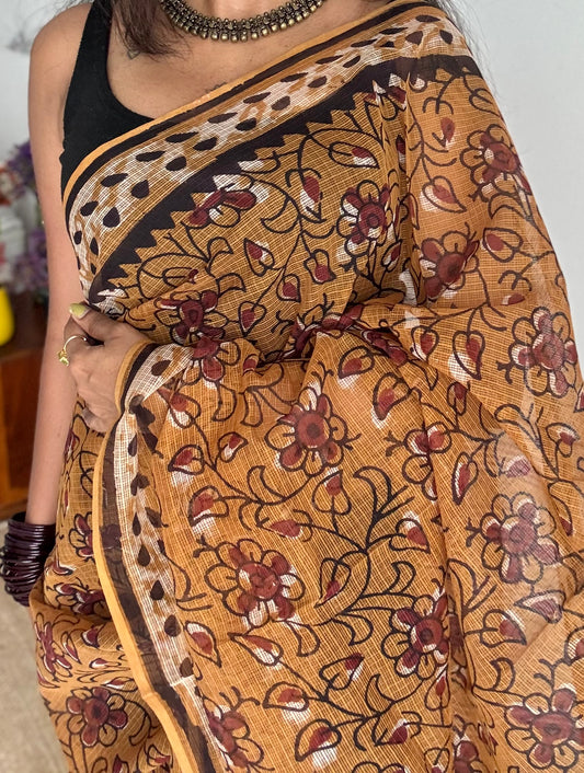 Orange Drama - light orange with brown floral kota doria saree - YCTORKDAP03