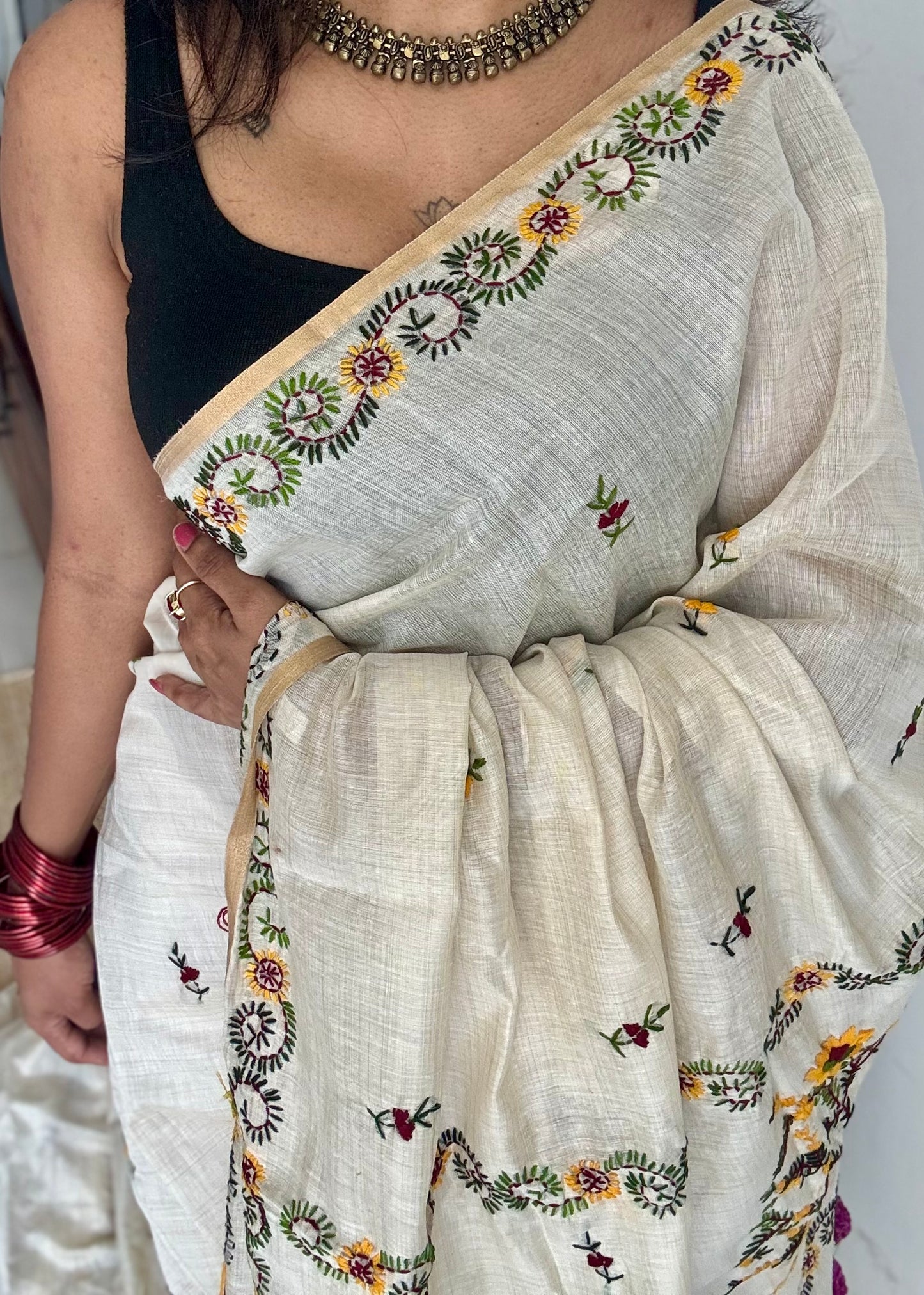 Ivory maheshwari cotton silk blend with maroon and yellow floral kantha threadwork - YCBLAUMK13