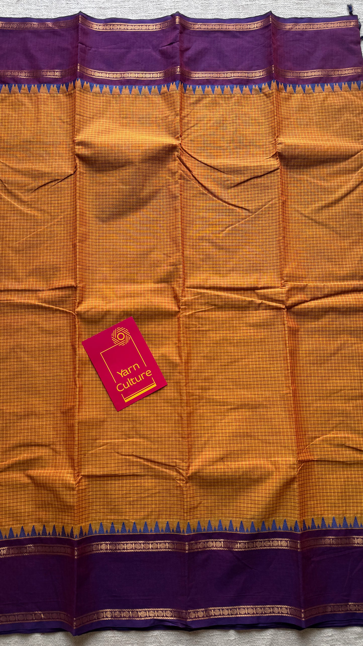 Orange with purple border, temple motifs, checkered body, kanchi cotton - YCCOTNOCKC26
