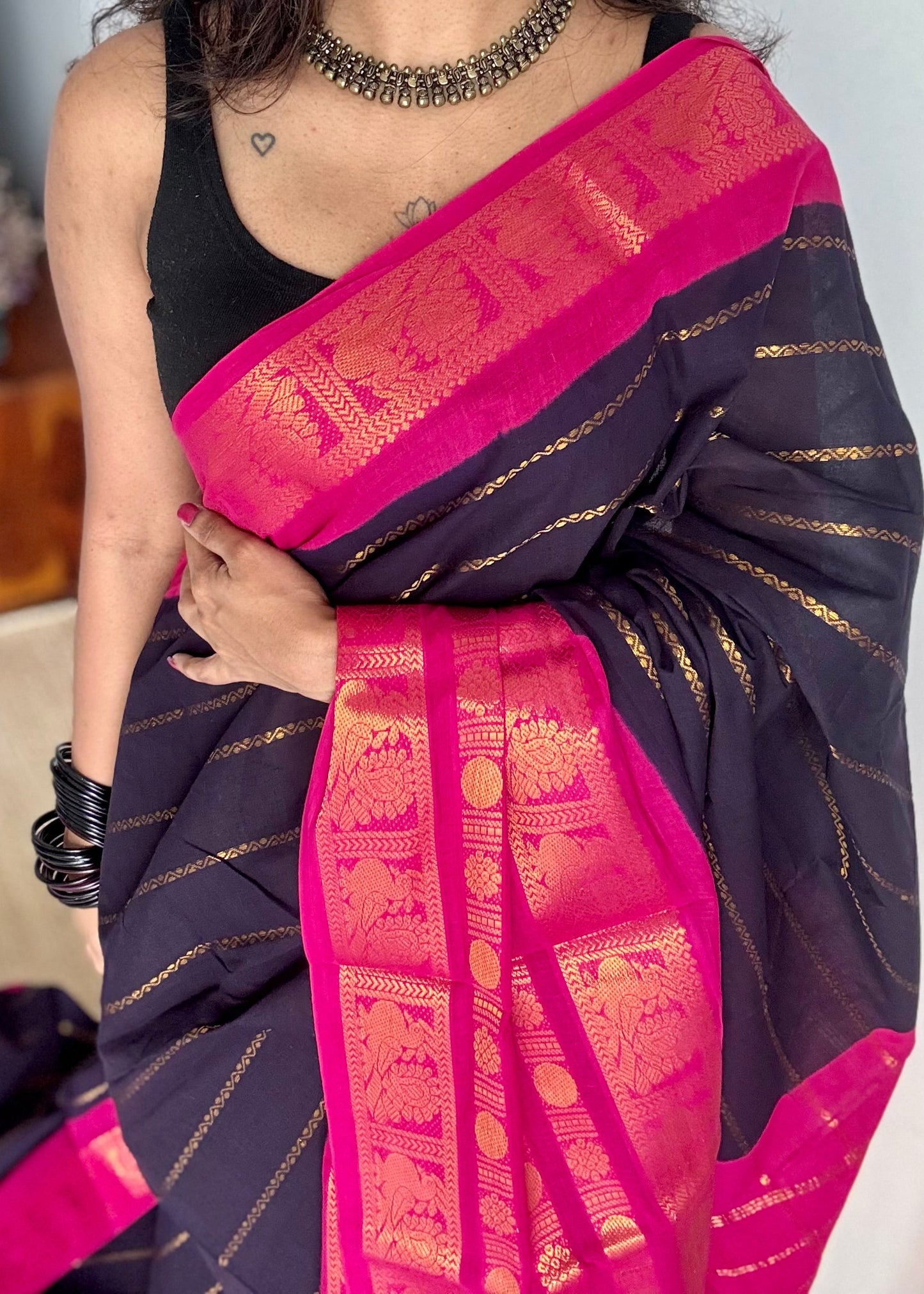 Dark blue with hot pink, peacock rudraksham motif, single side broad zari - madurai kattuchayam dyed - YCCOTNAUS24