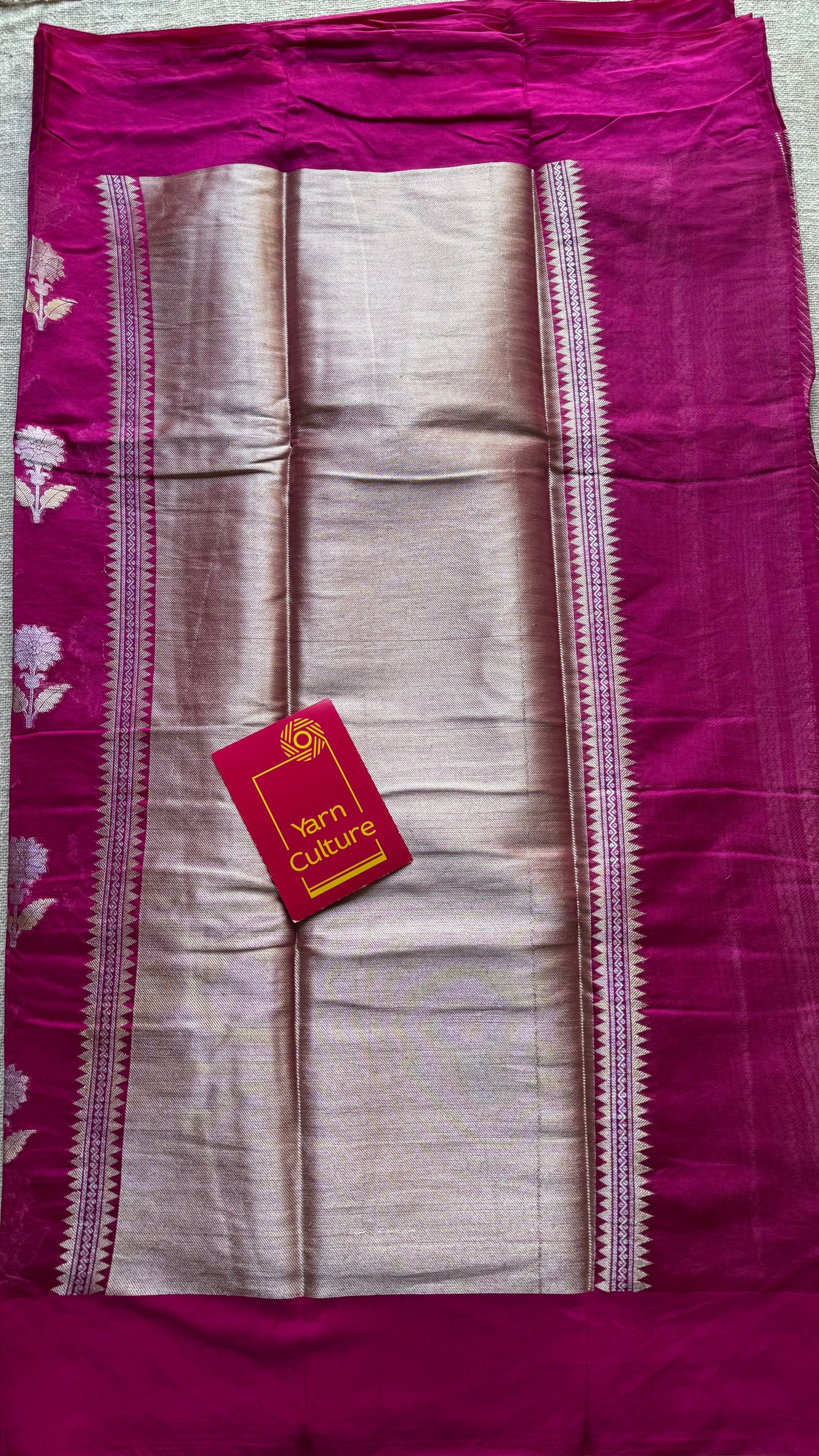Rani pink with gold and silver floral buttas, Banarasi semi-crepe silk - YCDESE51