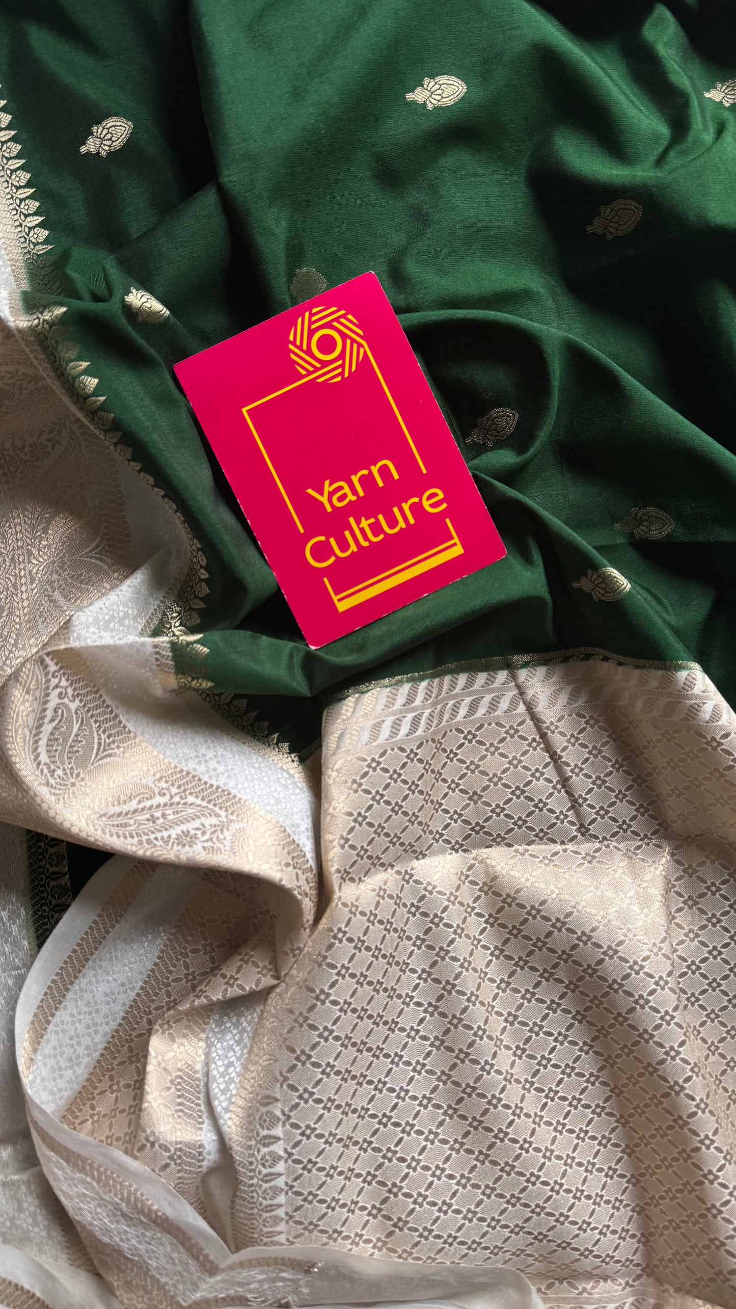 Dark green with cream border, Banarasi semi-silk - YCDESE01