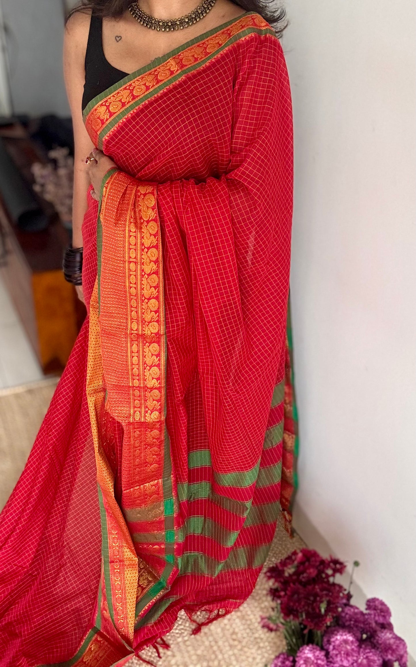 Red checks with zari border, premium narayanpet, soft cotton - YCWOTDFEBB11