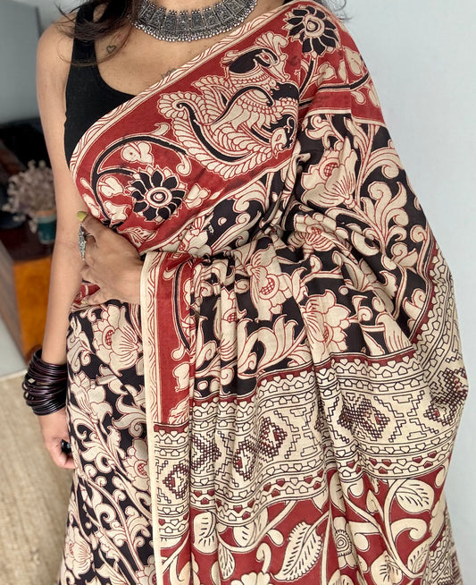 Black with beige and brick red kalamkari, floral vines, soft cotton - YCWOTDOCMP85