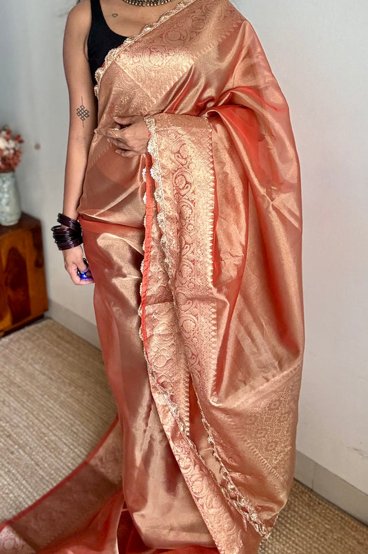 Orange gold tissue Banarasi saree with lace zari border - YCBLTOC72