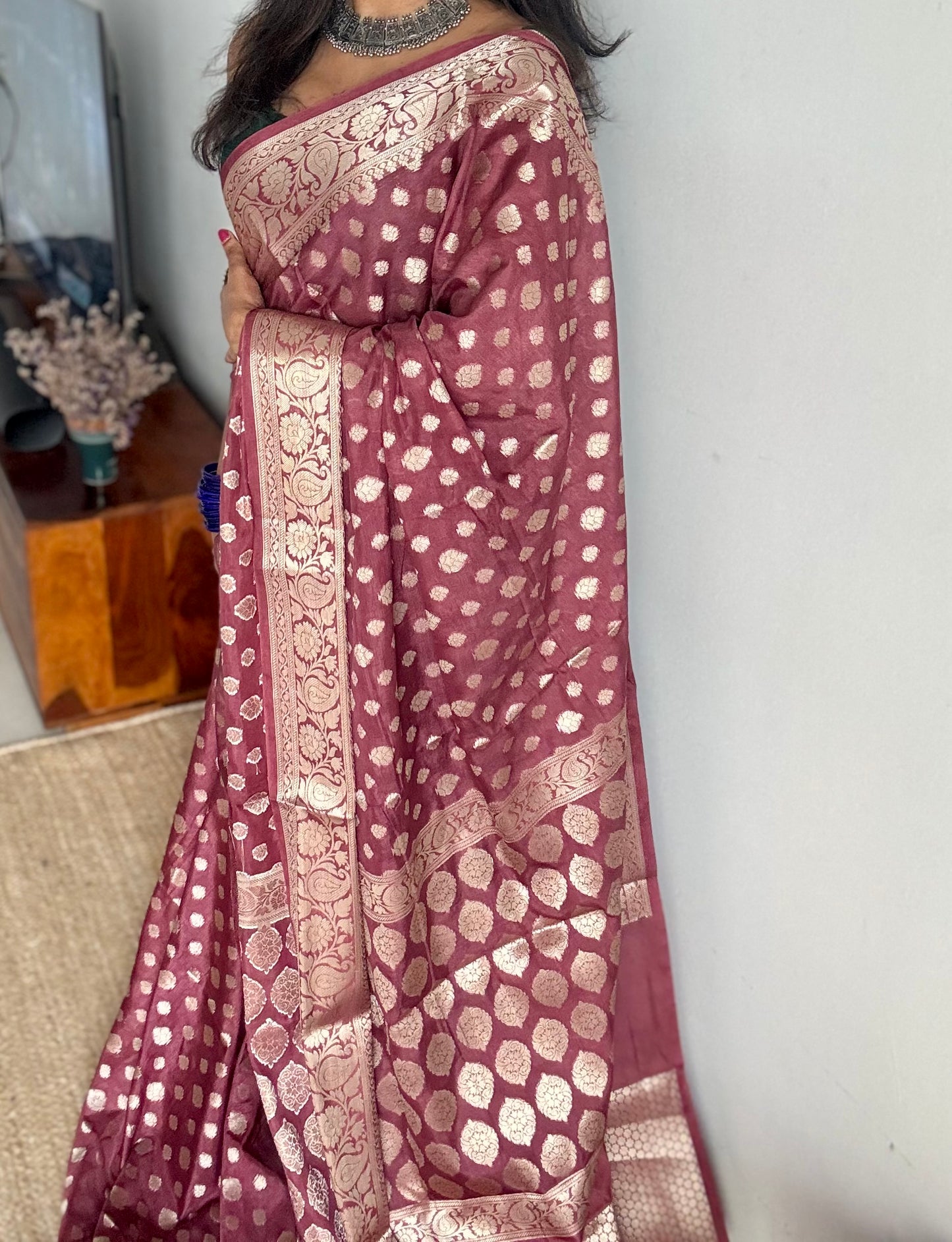 Dark mauve, silver buttas and zari, Banarasi semi-silk - YCDESE38