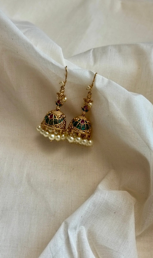 Ruby green pearl drops hook jhumka - YCGPER832