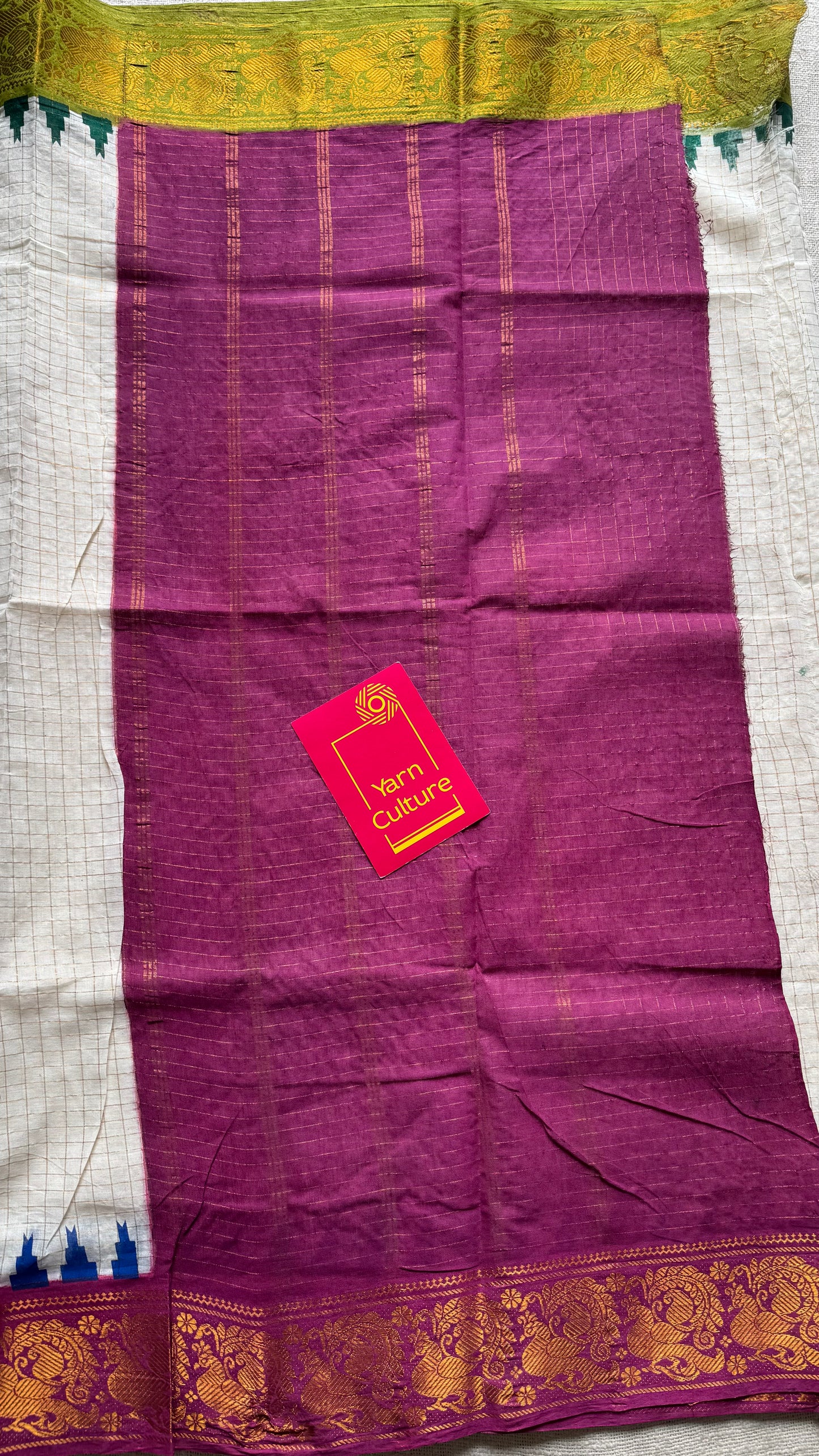Sungudi cotton checks, ivory gold base, green and magenta dual tone border, soft cotton - YCCOTNSEMS60