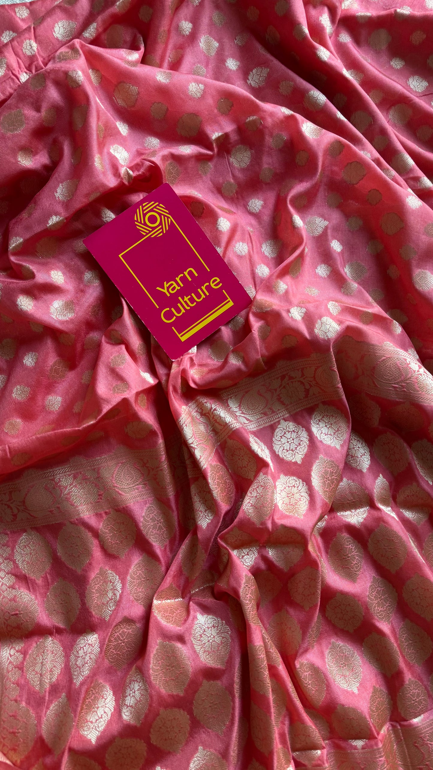 Peach pink, muted gold buttas and zari, Banarasi semi-silk - YCDESE41