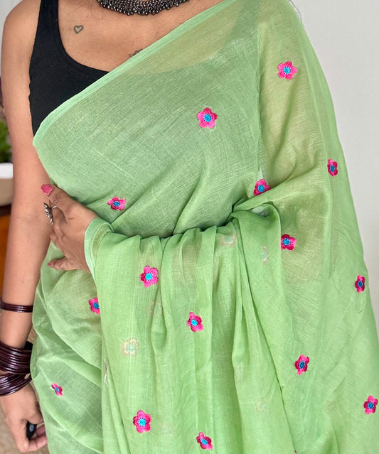 Pista green with dark pink floral embroidered mul cotton saree - YCBCMCAP48