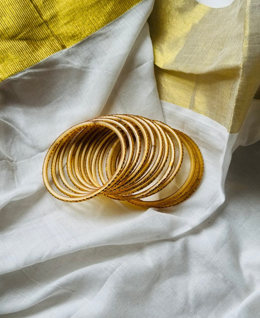 Golden glittered glass bangles, set of 12 - YCBANGL844