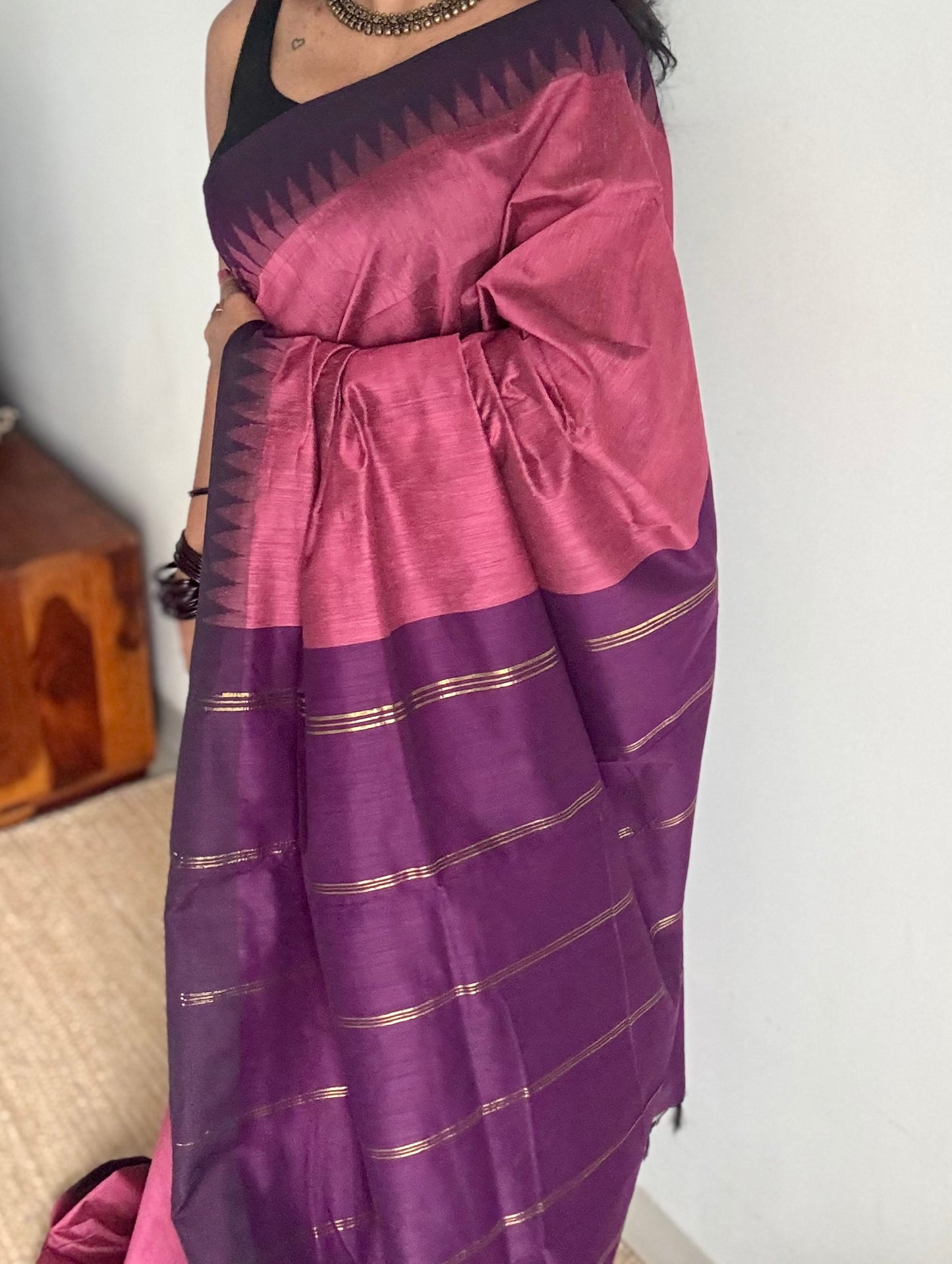 Dusty pink with purple temple border - cotton silk - YCCOTNOCKCS3