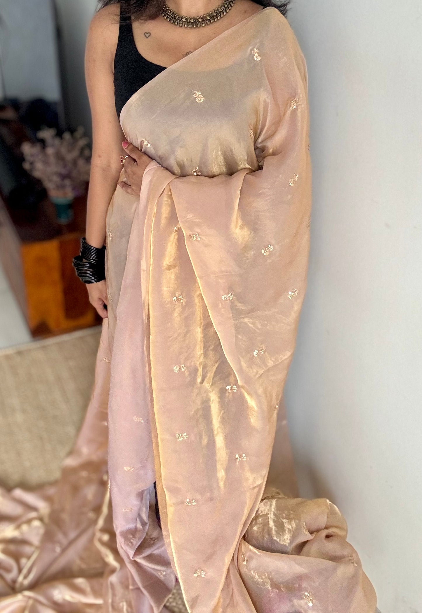 Light gold with a hint of pink, fendy satin with sequin work, contrast maroon blouse - YCDOSFE12