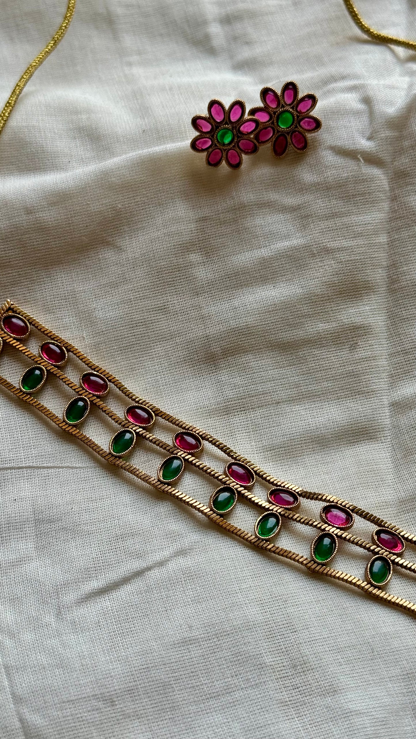 Ruby green stone choker with earrings - YCGPNP464