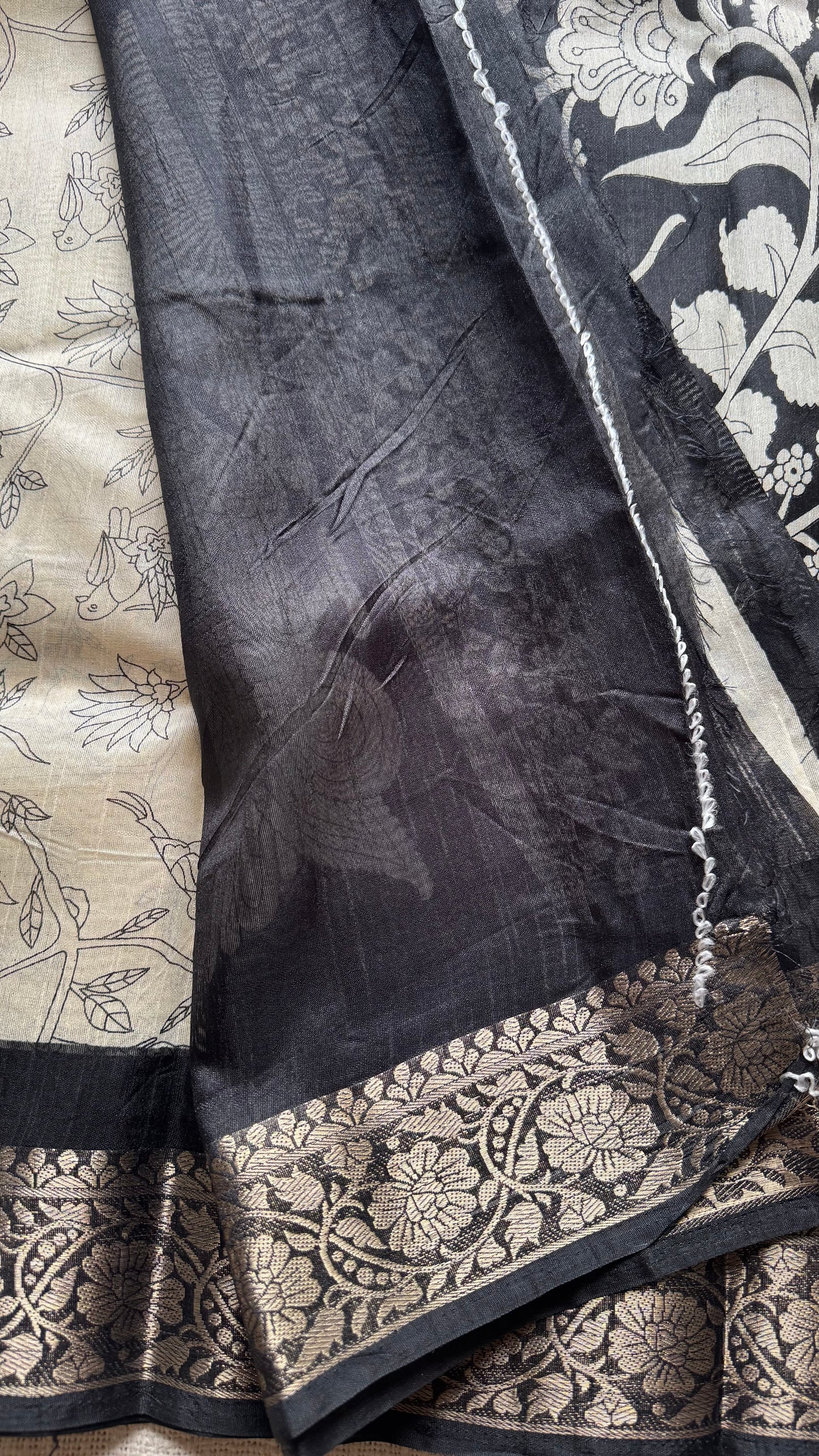 Off white and black, printed kalamkari, bird motif, semi-tussar - YCWOTDSTK06
