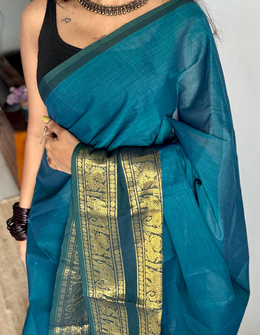 Blue with green wide contrast border, kanchi cotton - YCCOTNKCDE83