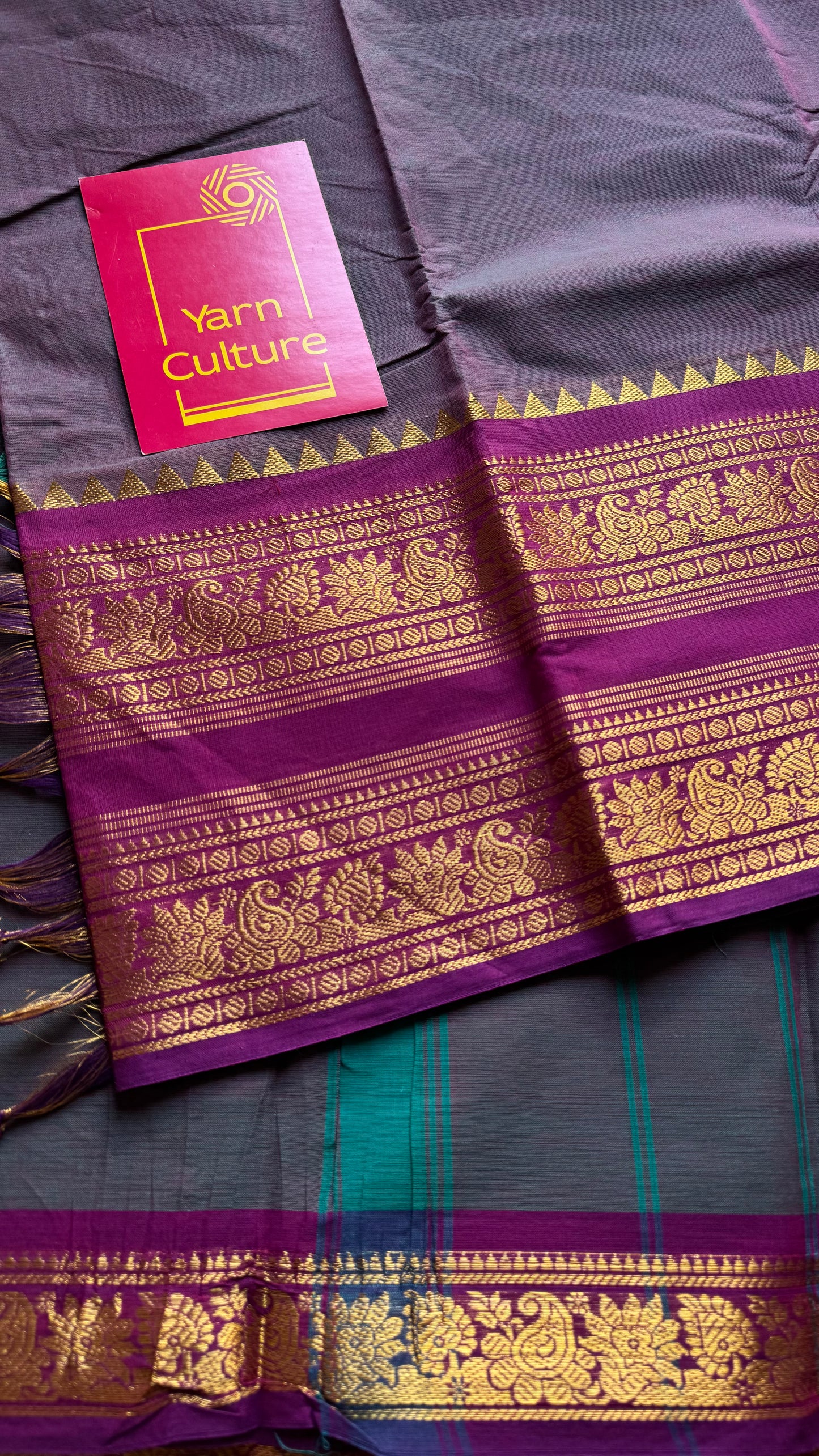 Dual tone grey with magenta, wide zari border, kanchi cotton - YCCOTNKCJA215