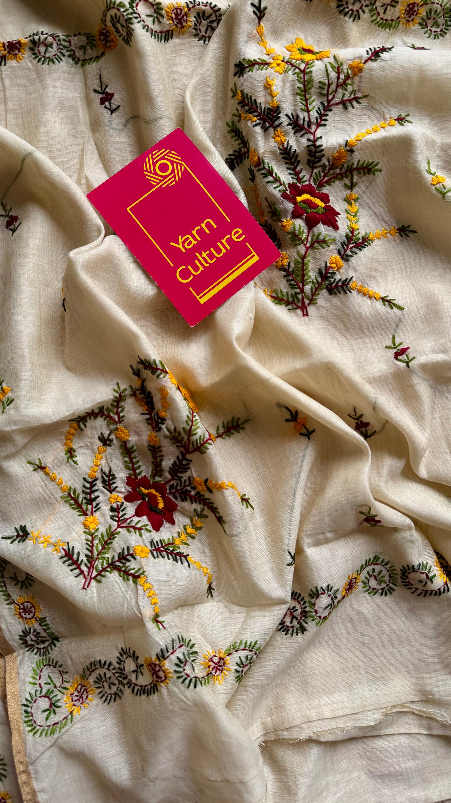 Ivory maheshwari cotton silk blend with maroon and yellow floral kantha threadwork - YCBLAUMK13