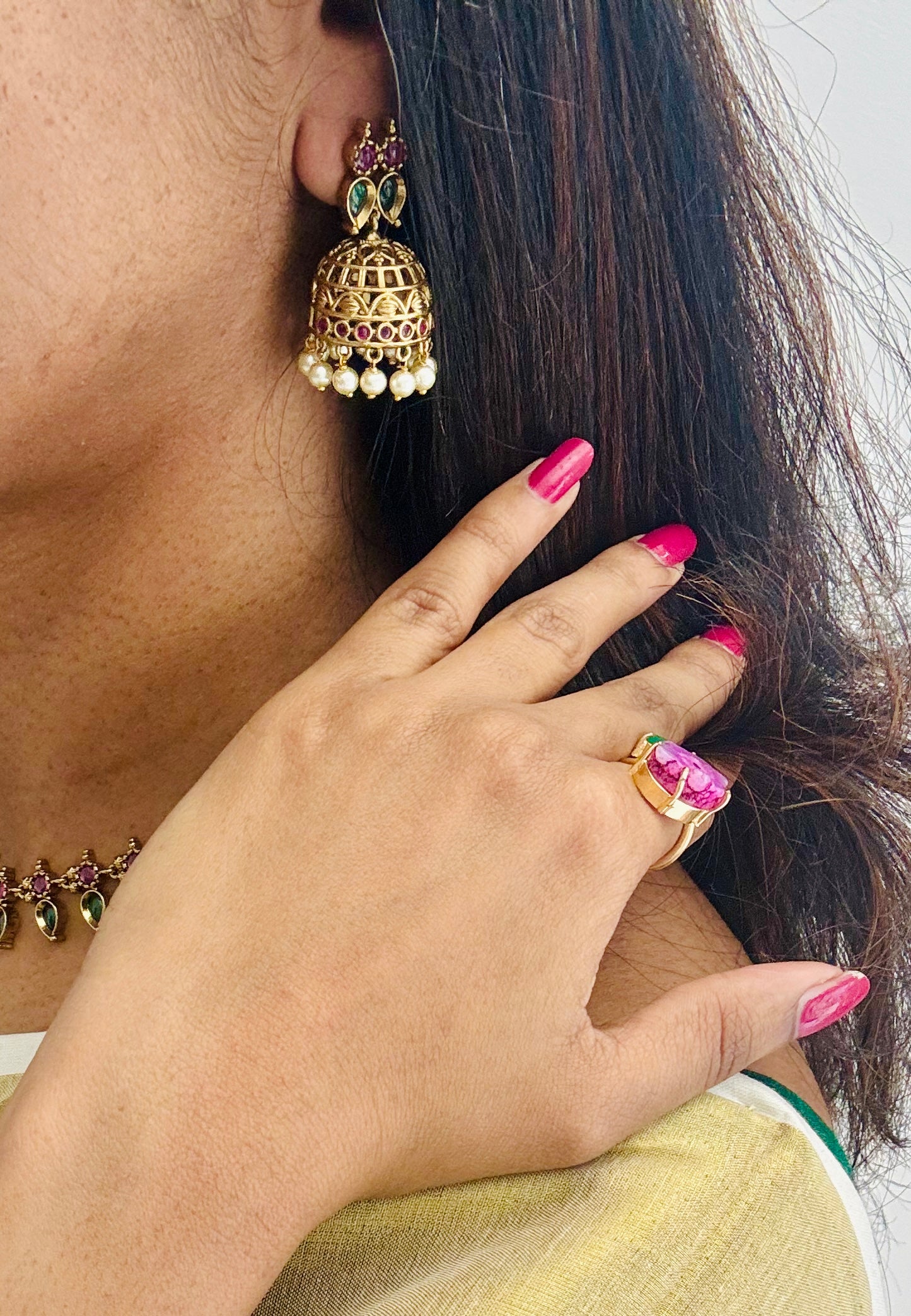 Green and dark pink palakka necklace with jhumka - YCAGC82