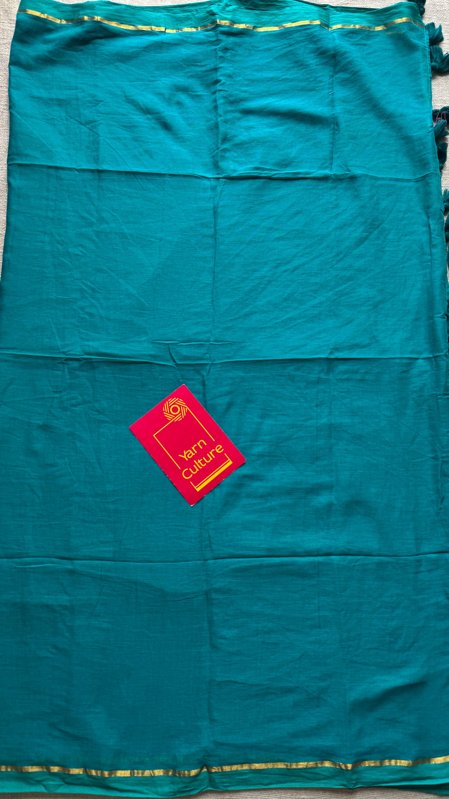 Cyan blue mul, thin antique gold zari gap border - YCBCMCLSE42