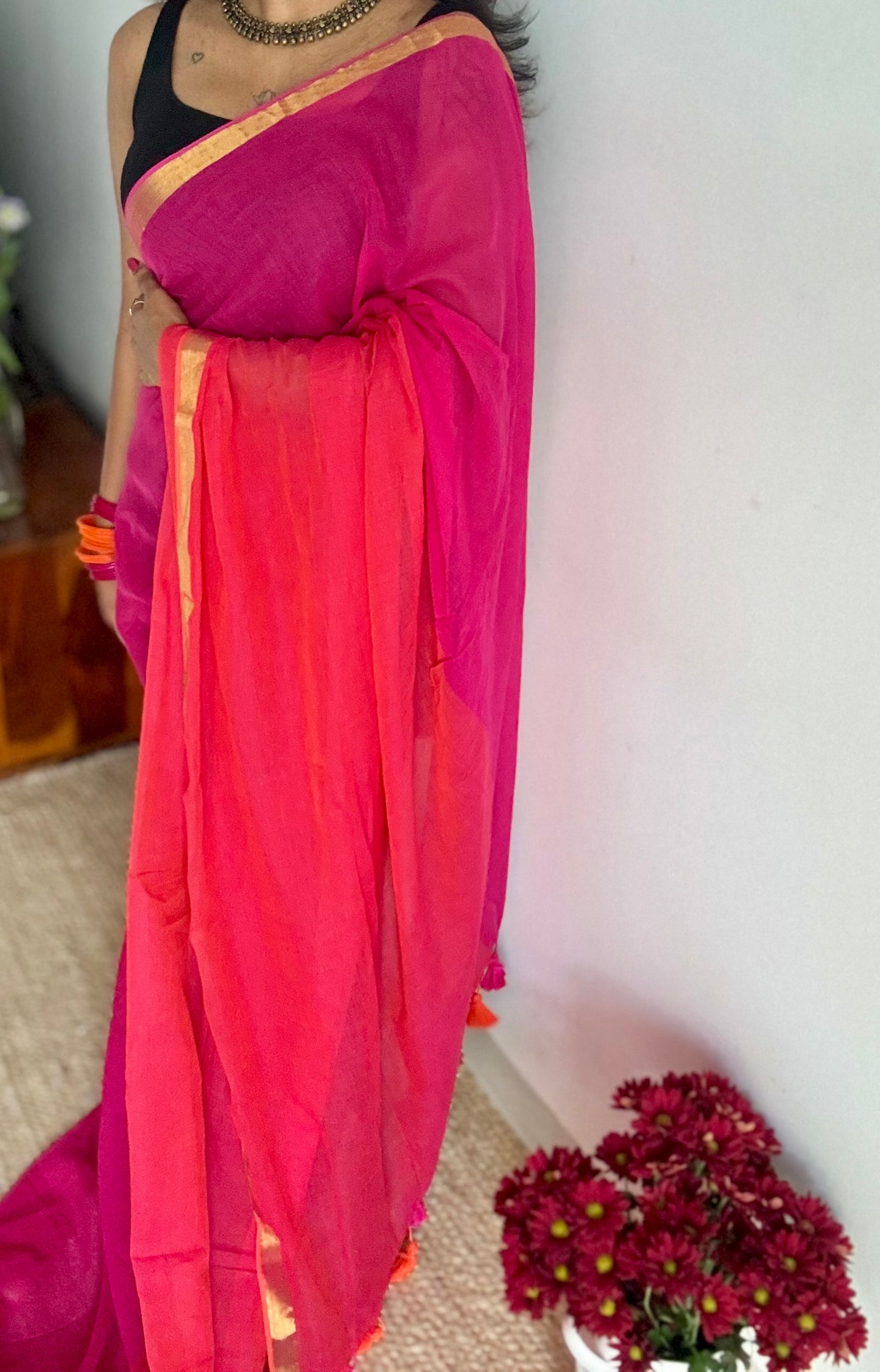 Magenta with dual tone orangish pink mul, thin antique gold zari border- YCBCMCLSE33