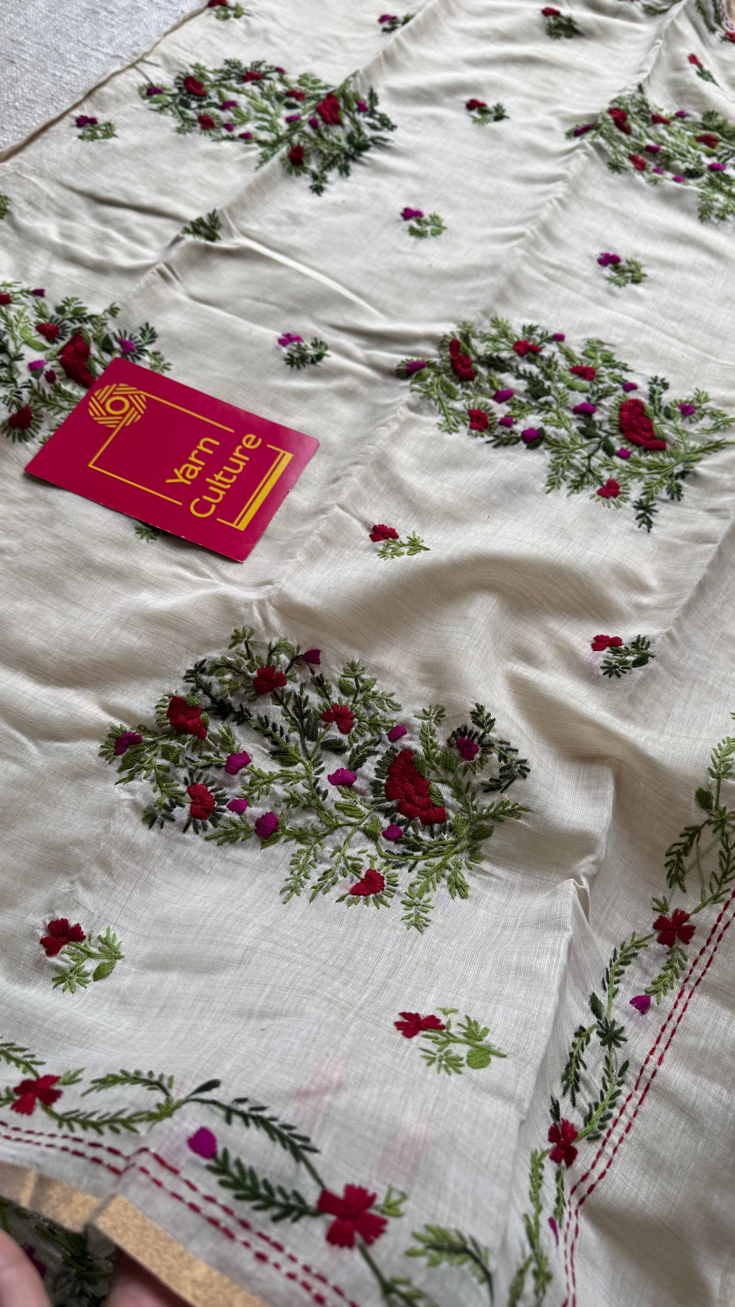 Ivory maheshwari cotton silk blend with red and magenta floral kantha threadwork - YCBLJULMK02