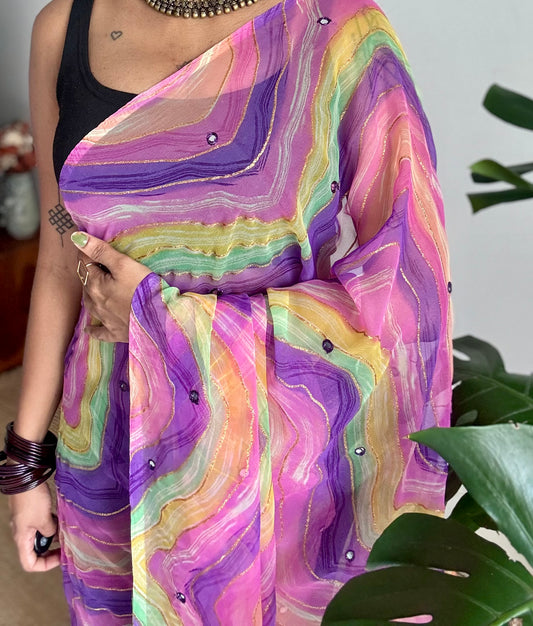 Purple pink multicoloured leheriya chiffon saree with mirror work - YCTORLOC95