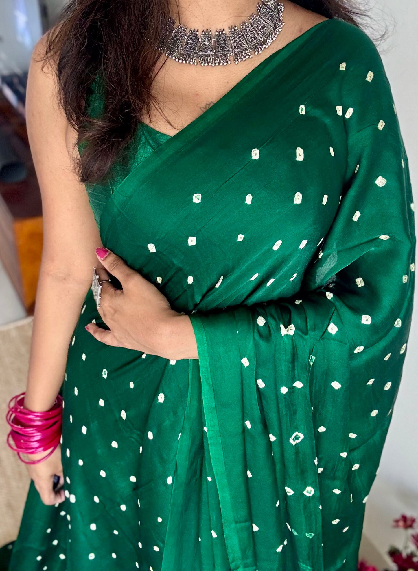 Green crushed bandhani modal silk with lagdi patta (zari pallu) - YCDESE30