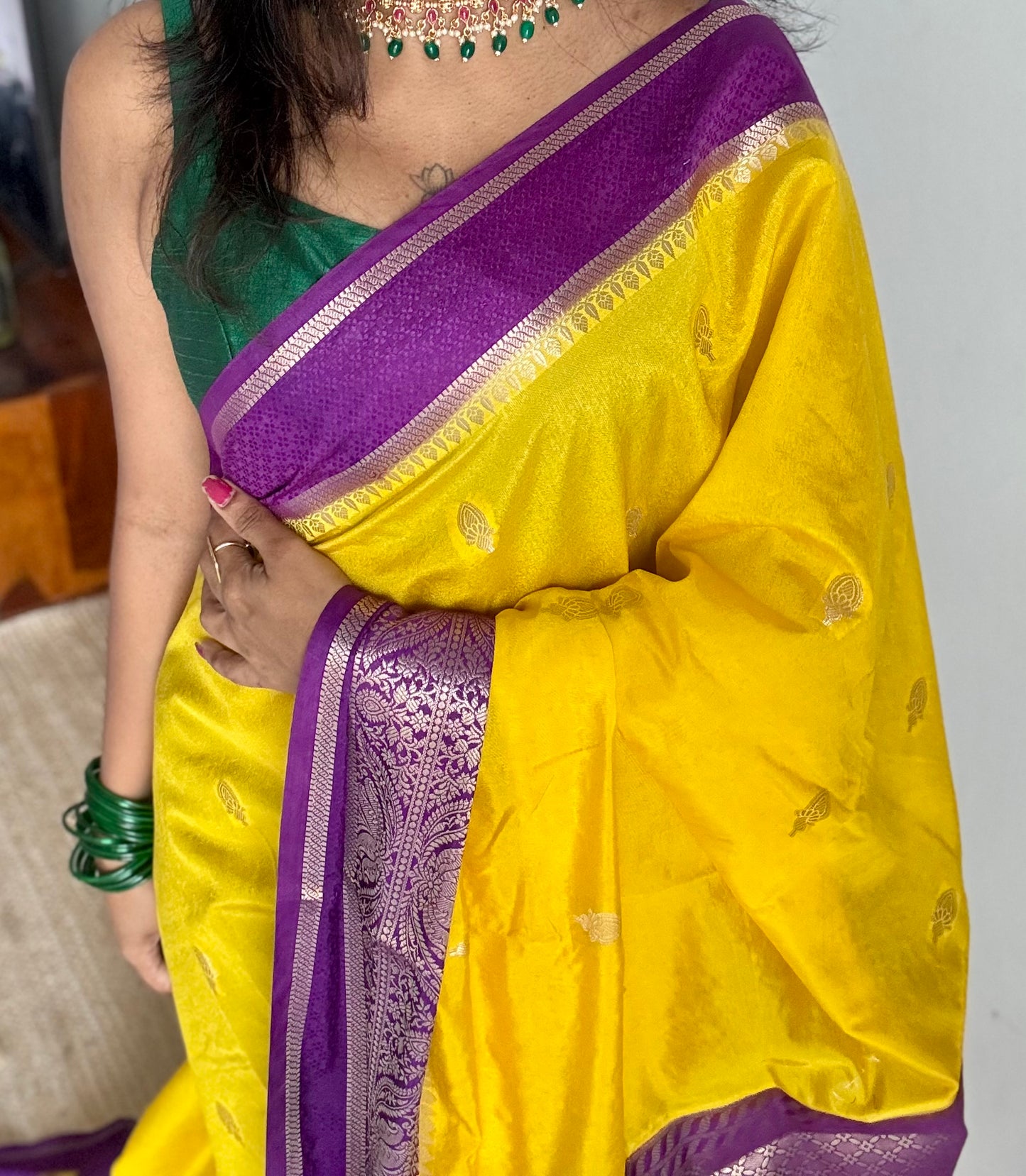 Yellow with purple border, Banarasi semi-silk - YCDESE03